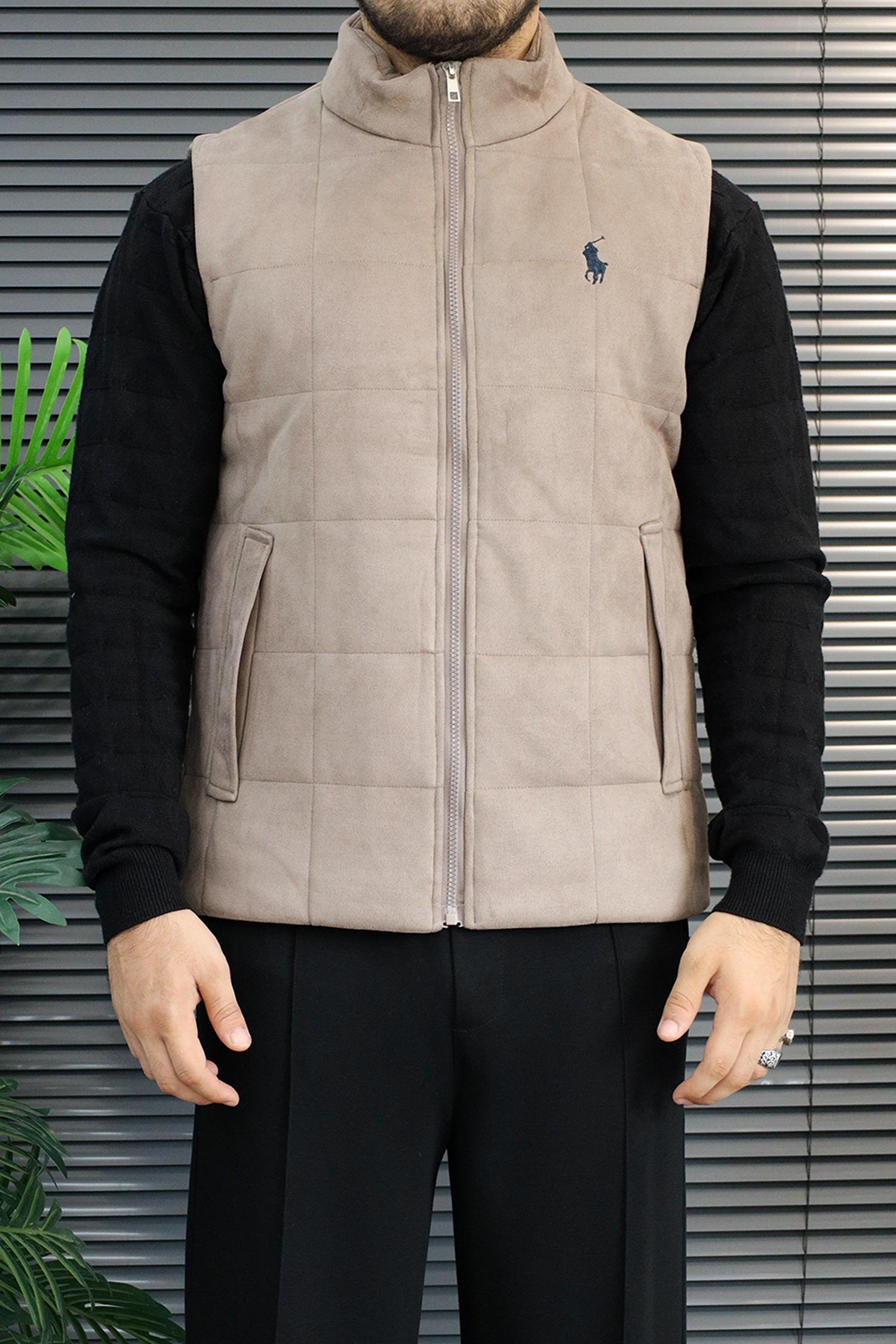 Polo Grid-Quilted Imported Suede Men's Gilet In Dark Skin