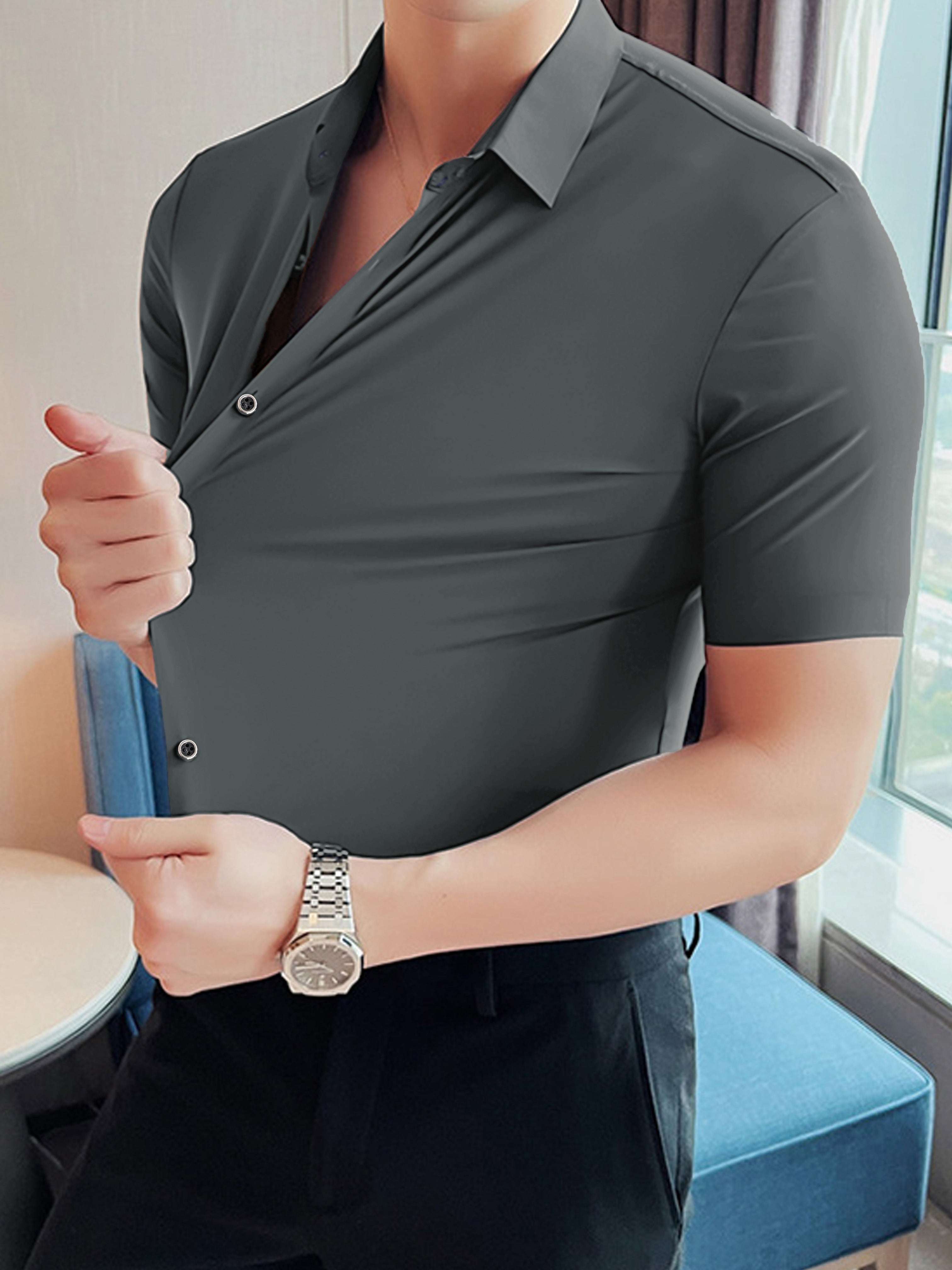 Self Textured Slim Fit Elastic Shirt