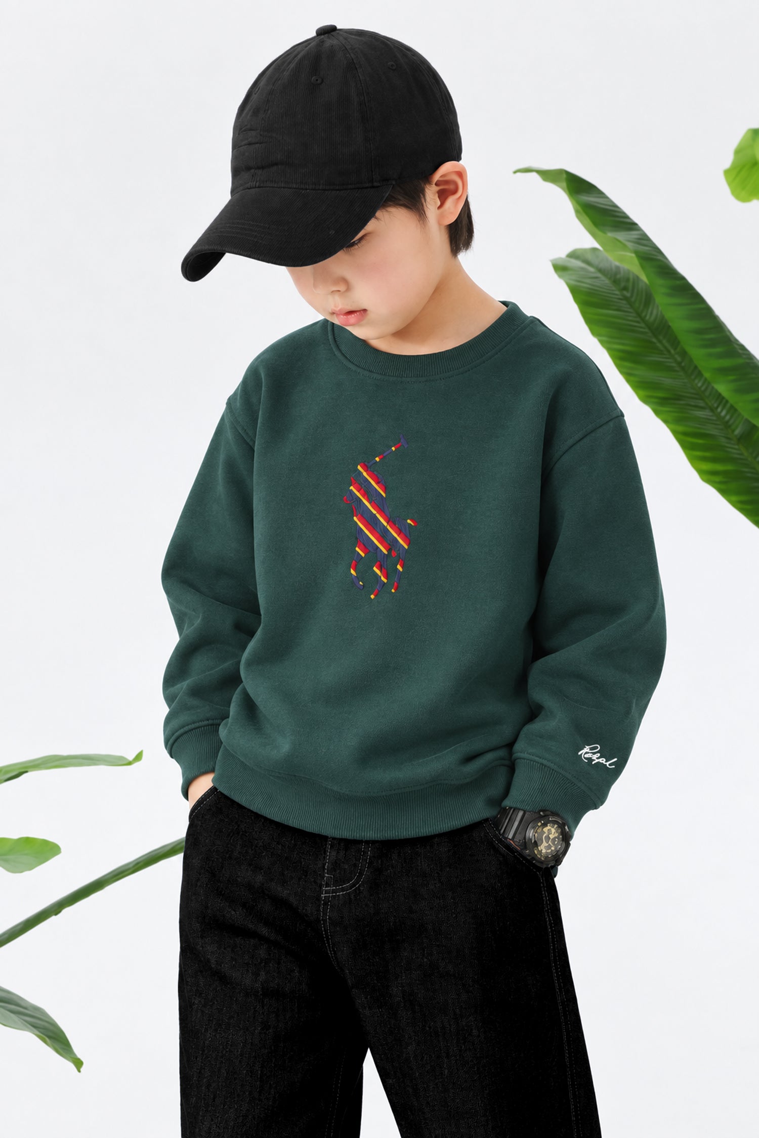 Plo Rph Lren Heritage Round Neck Kid's Sweatshirt In Dark Green