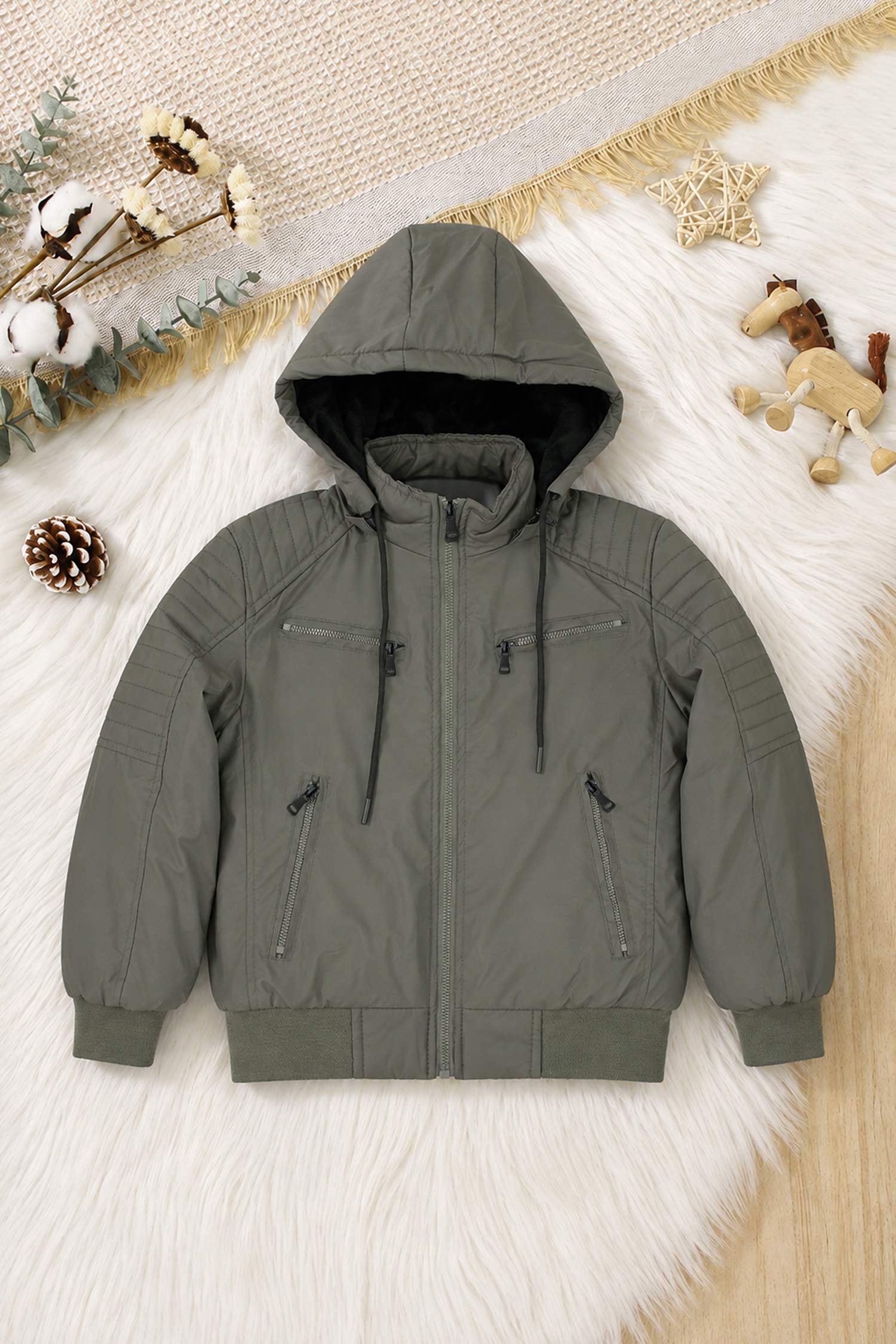 Bomber Detachable Hood Imported Kid's Puffer Jacket In Grey Olive