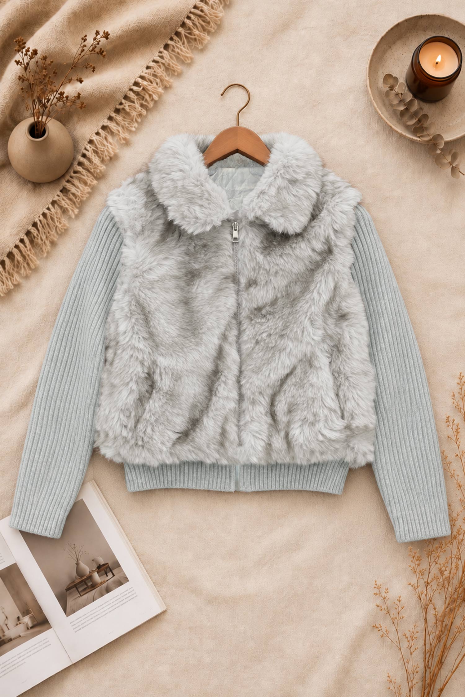 Women Torso & Ribbed Knit Imported Fur Jacket In Grey
