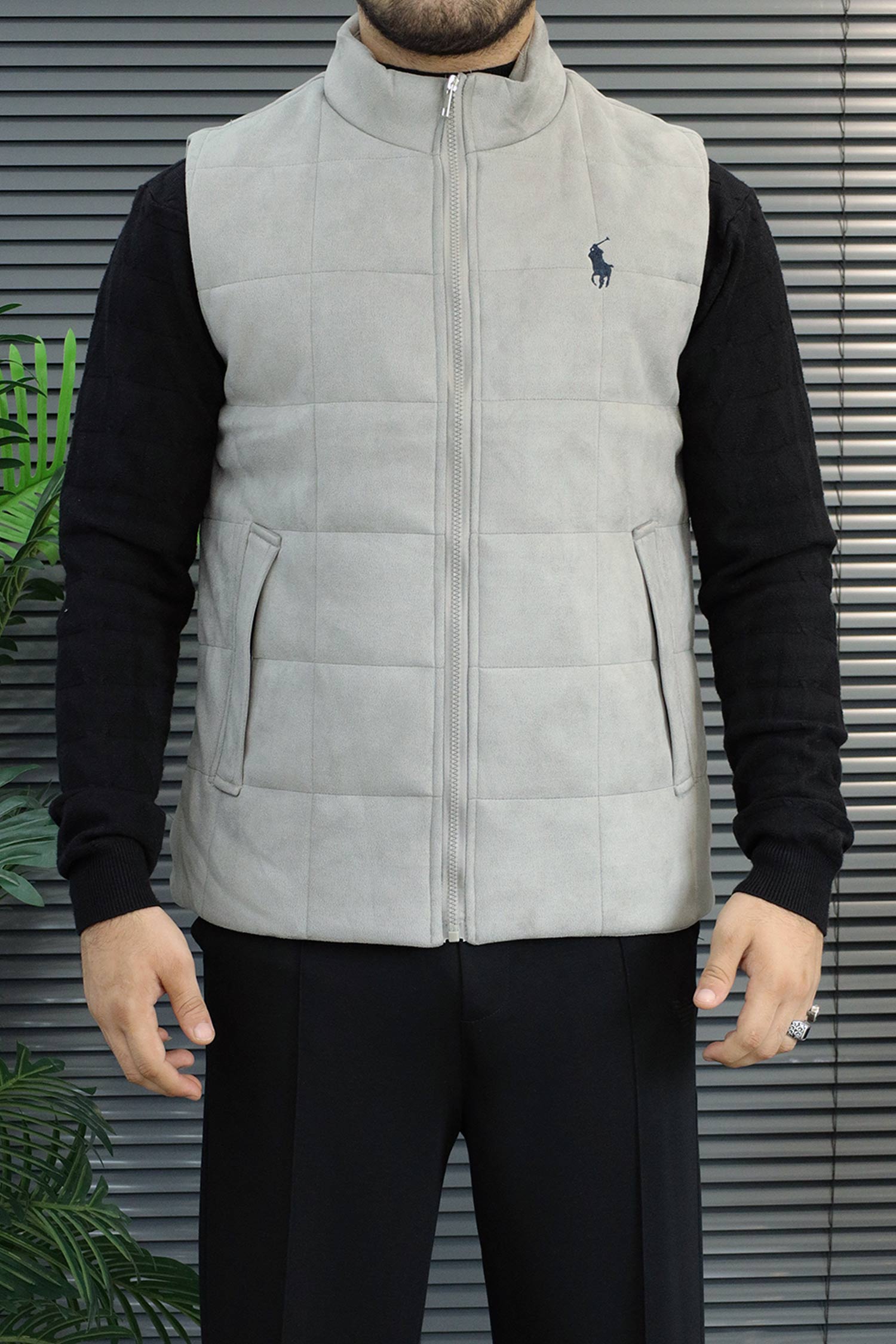 Polo Grid-Quilted Imported Suede Men's Gilet In Grey