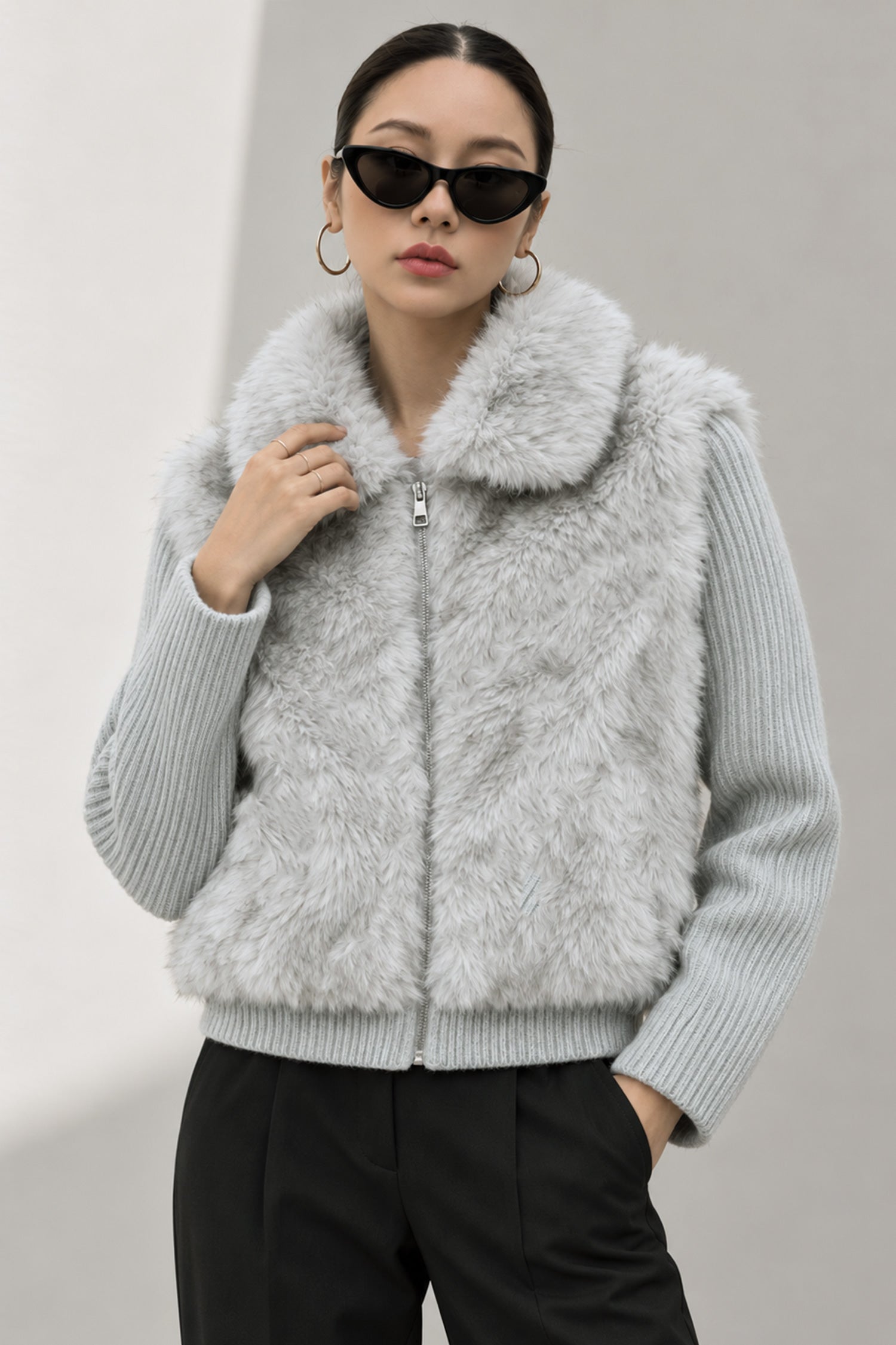 Women Torso & Ribbed Knit Imported Fur Jacket In Grey