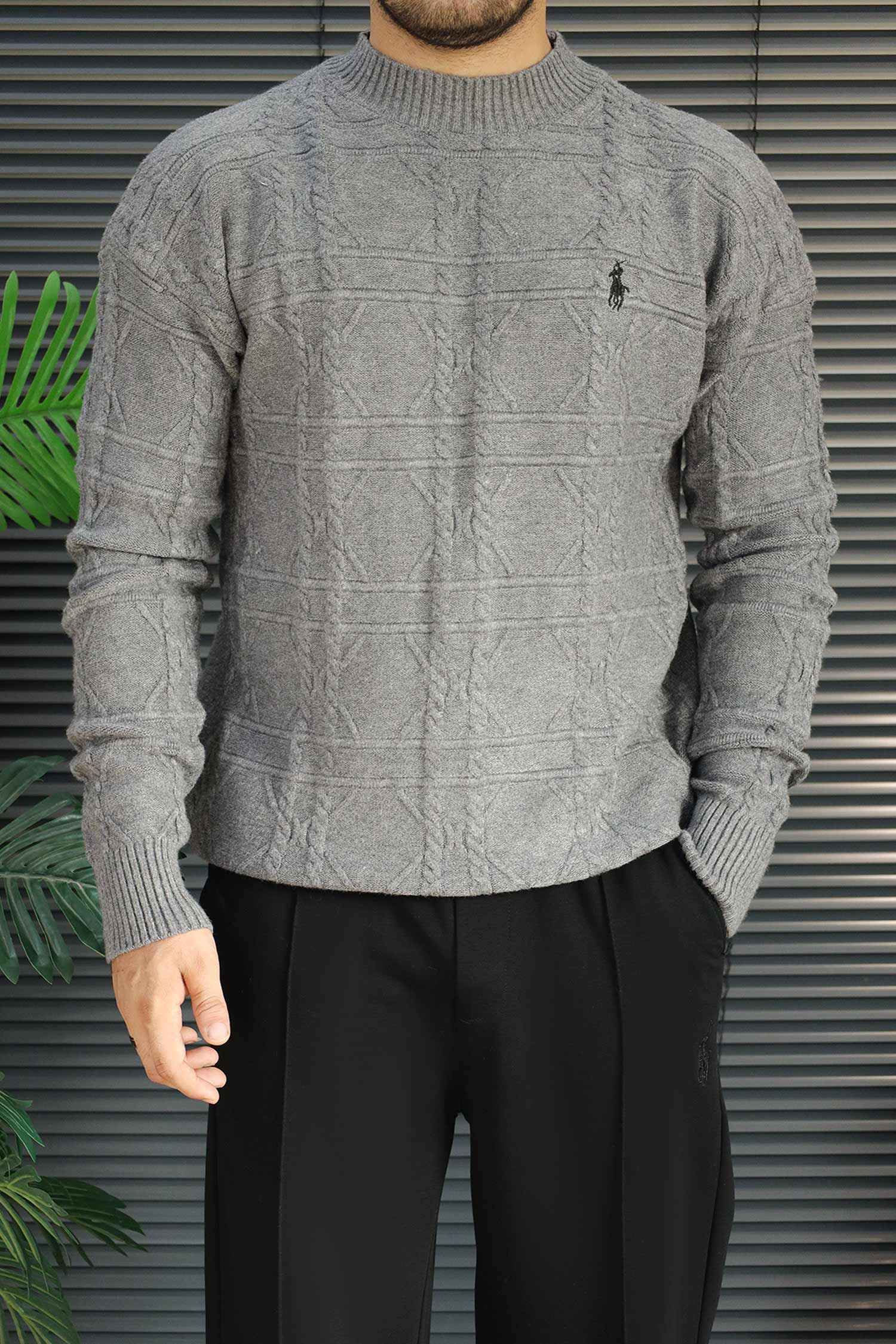 Polo Waffle Textured Imported Round Neck Men's Sweater