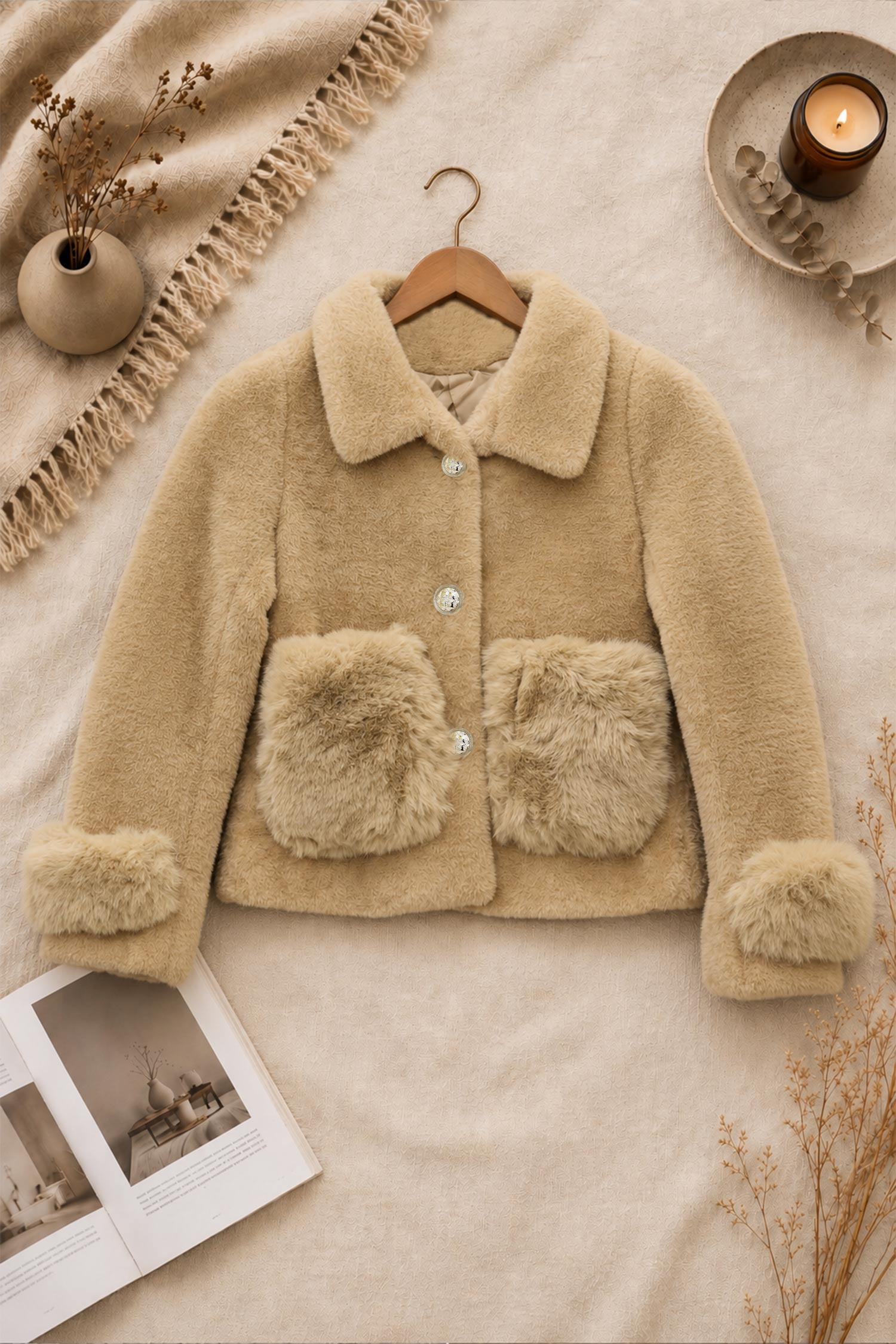 Women Cozy Shearling Pocket Imported Wool Jacket In Light Brown