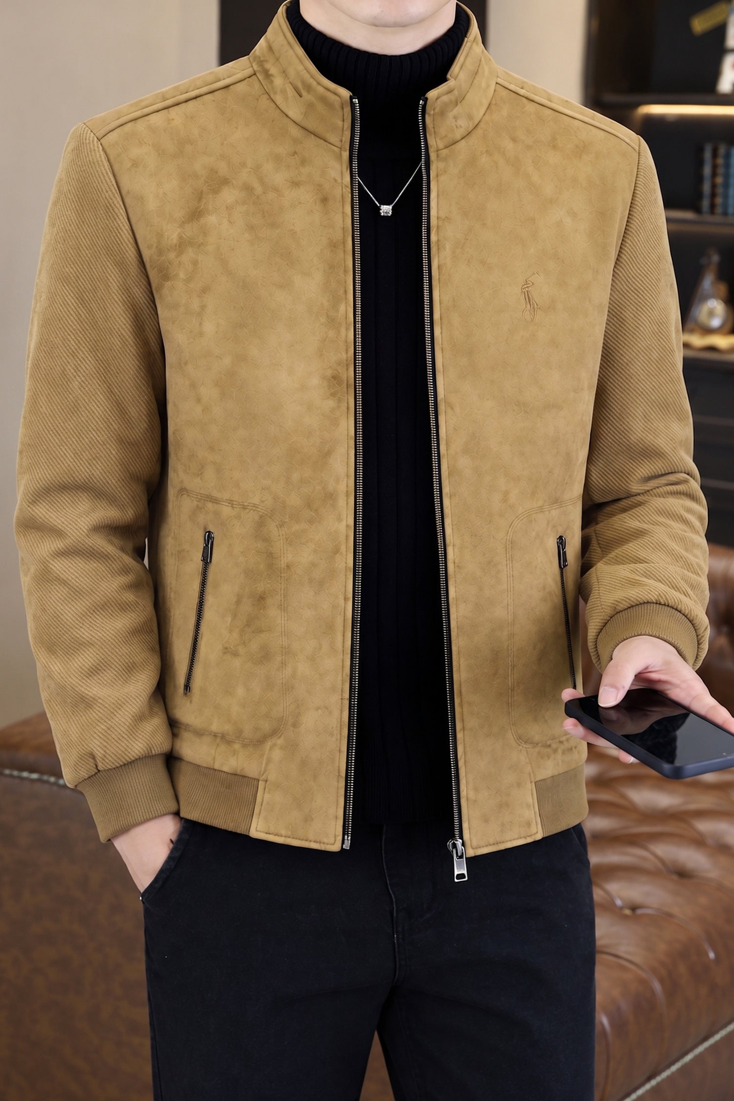 Turbo x Polo Pony Mock-Neck Zipper Imported Men's Big Size Wool Jacket In Light Camel