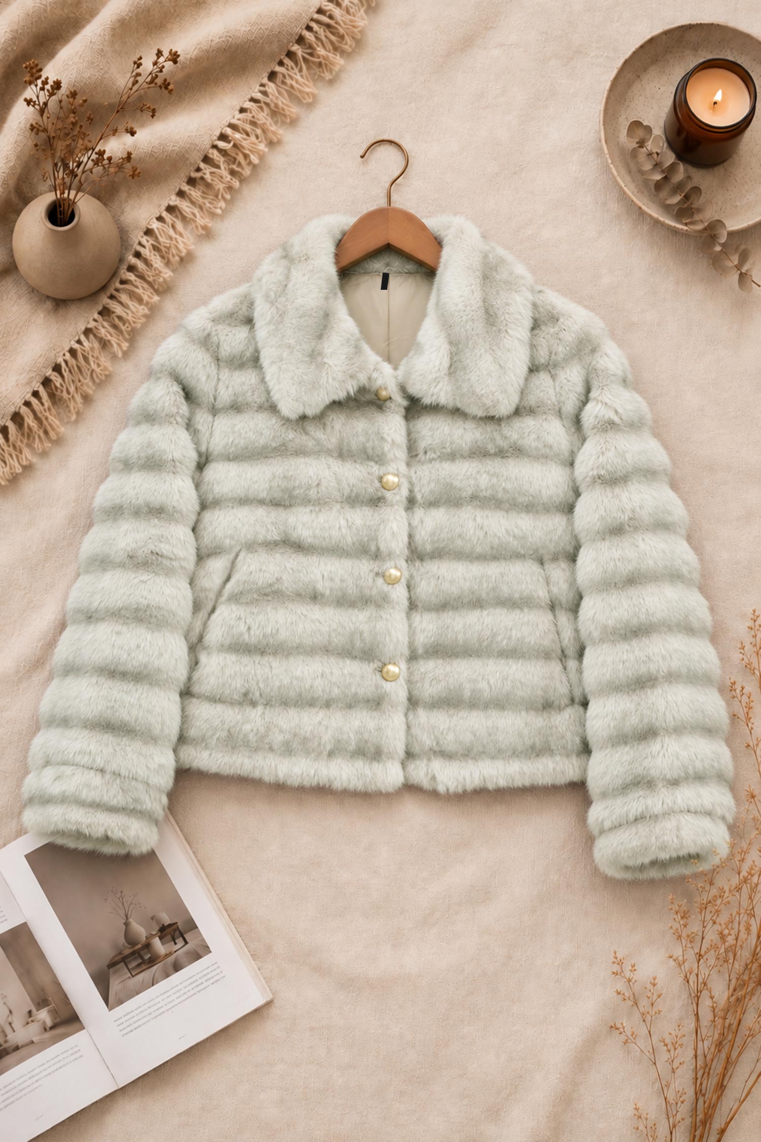 Women Button Closure Imported Fur Jacket In Light Green