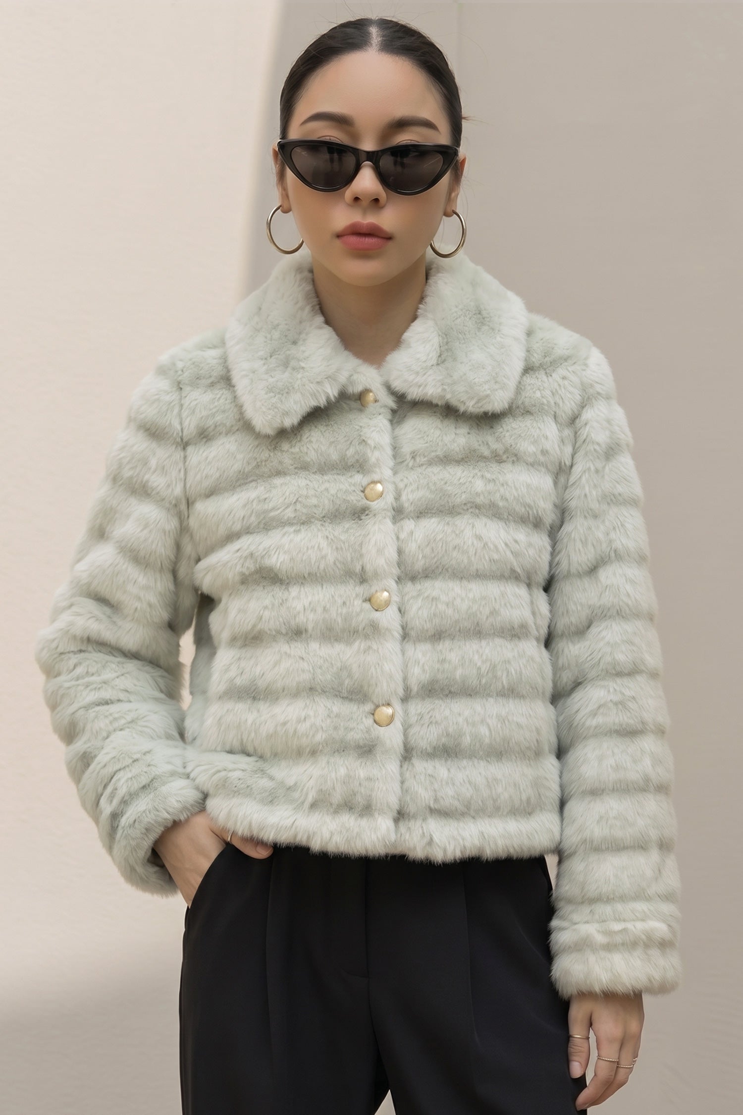 Women Button Closure Imported Fur Jacket In Light Green