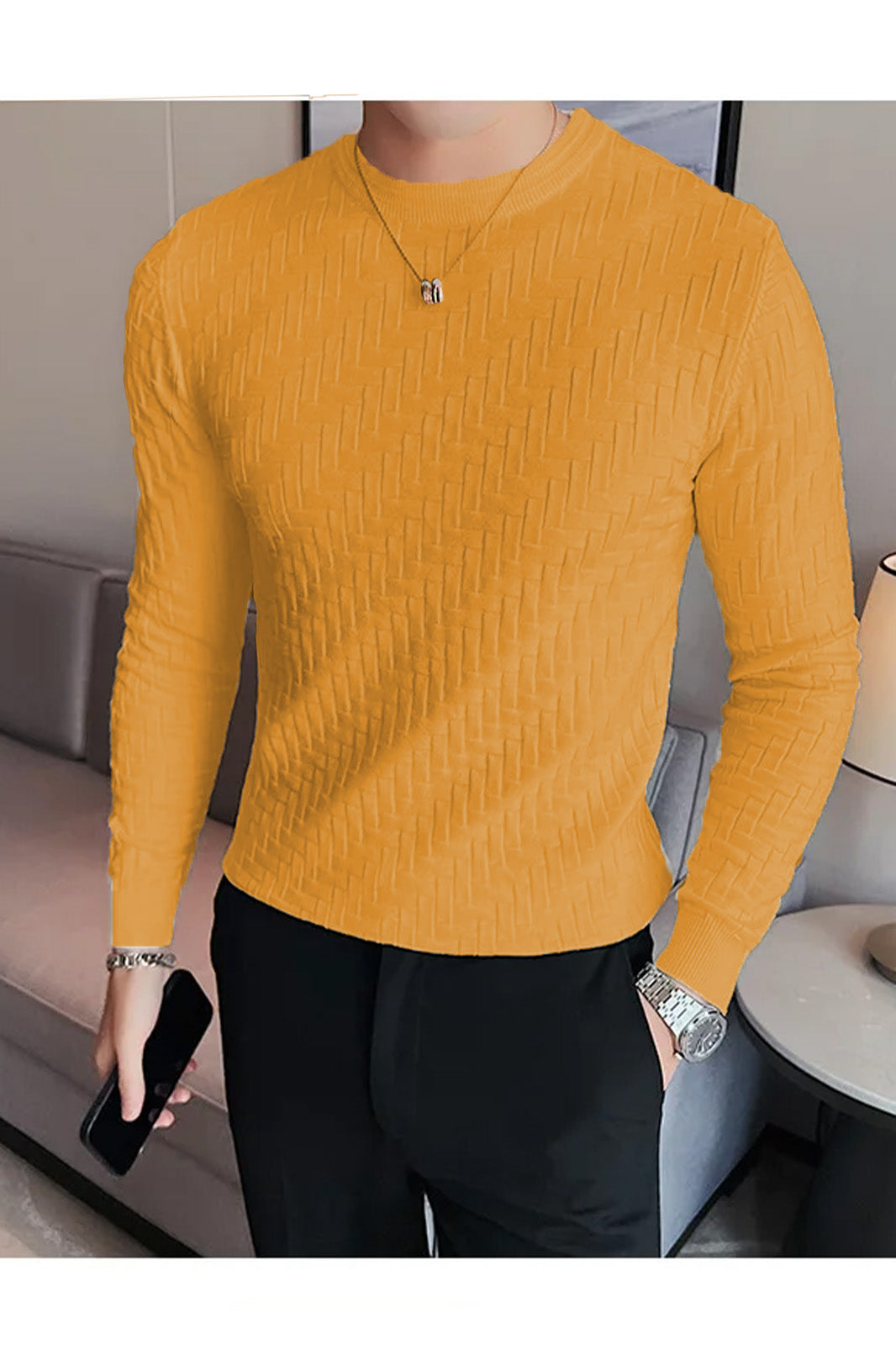 Mountain Friendly Cable Knit Sweater Style Crew Neck Men's Sweatshirt