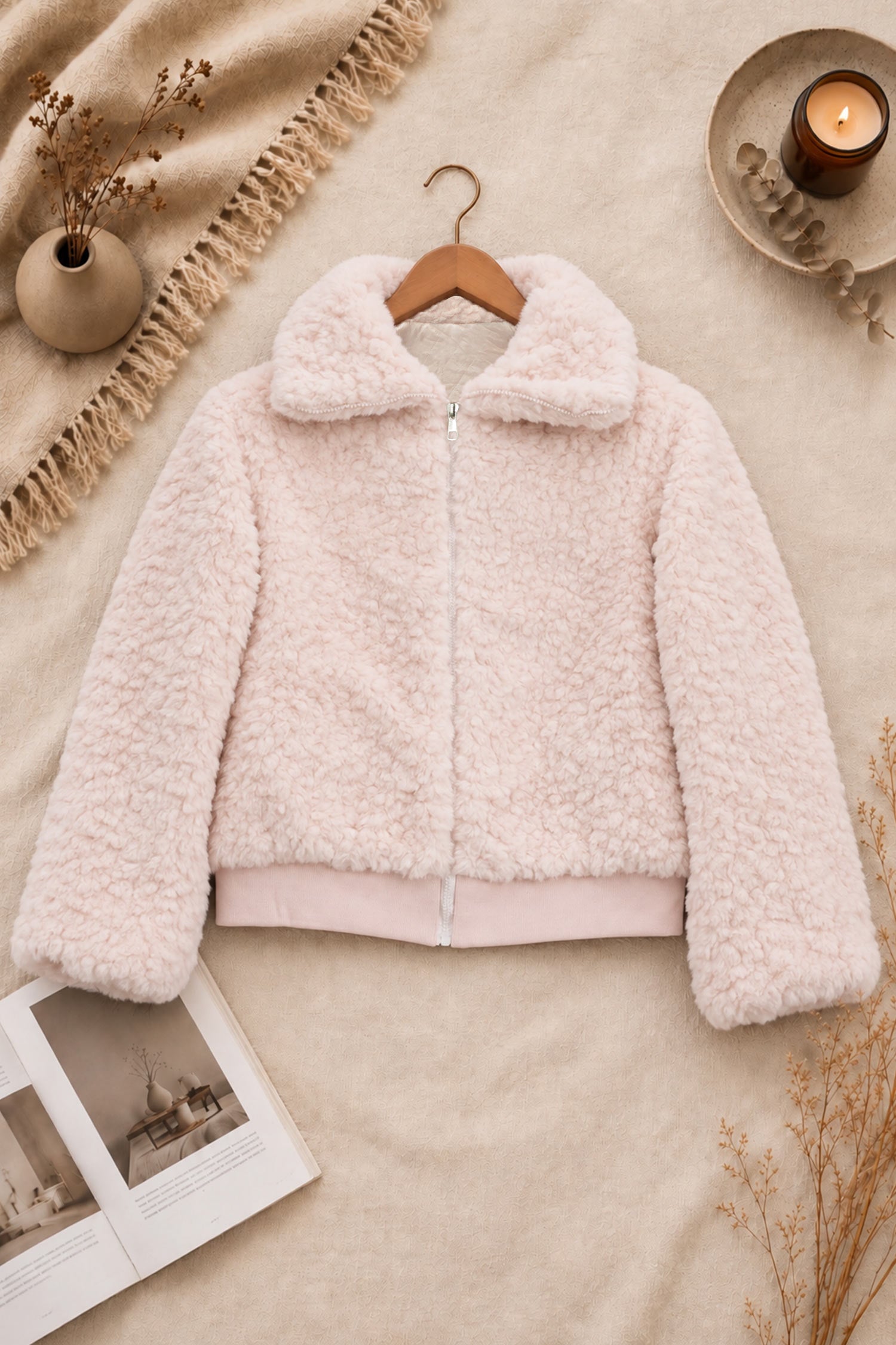 Women Fuzzy Texture Zip-Up Imported Fur Jacket In Light Pink