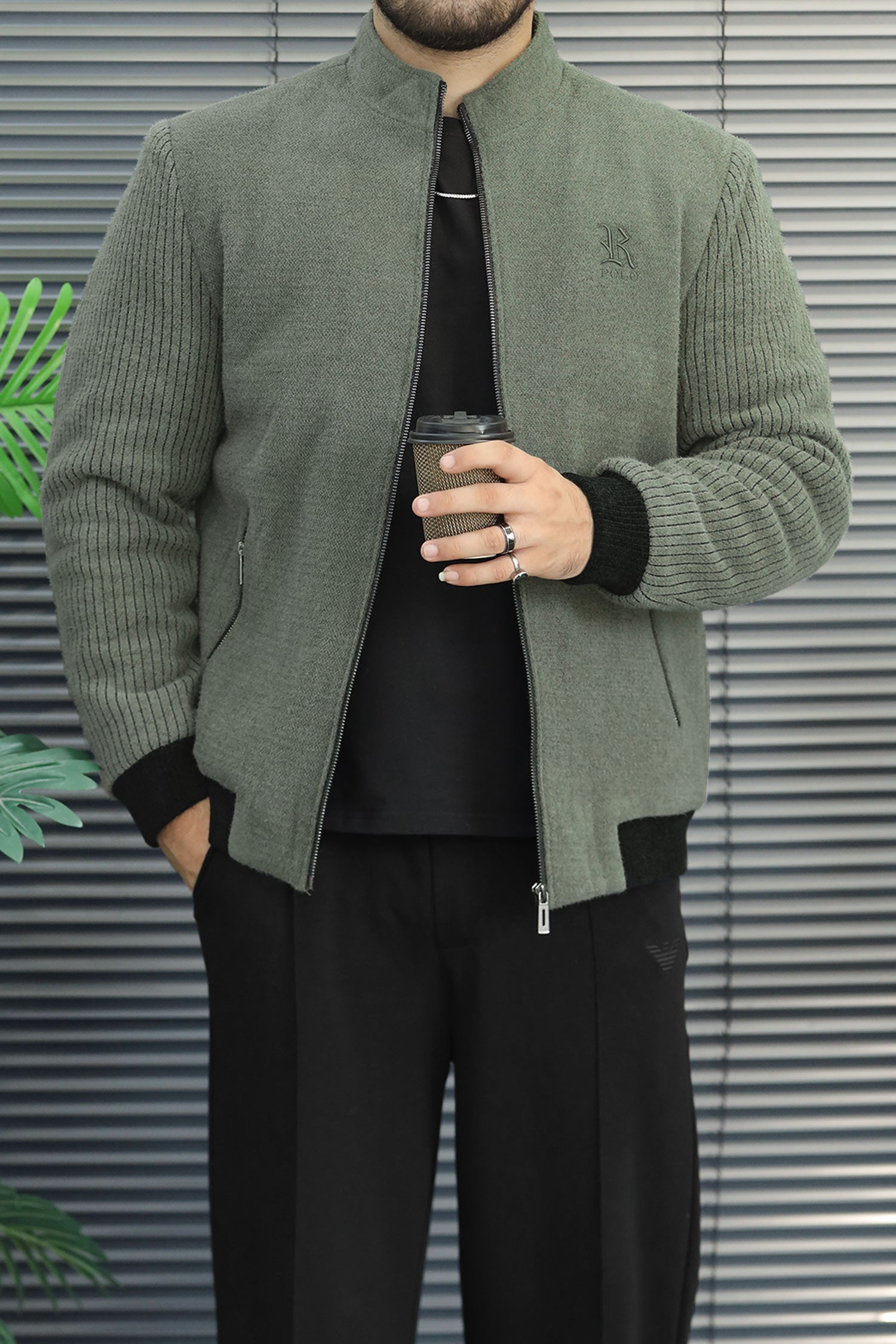 Warm Blend Bomber Imported Men's Wool Jacket In Light Sage