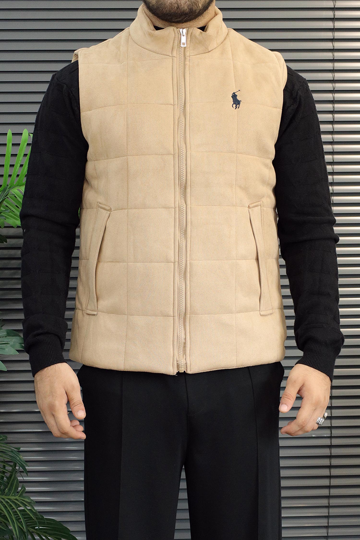 Polo Grid-Quilted Imported Suede Men's Gilet In Light Skin