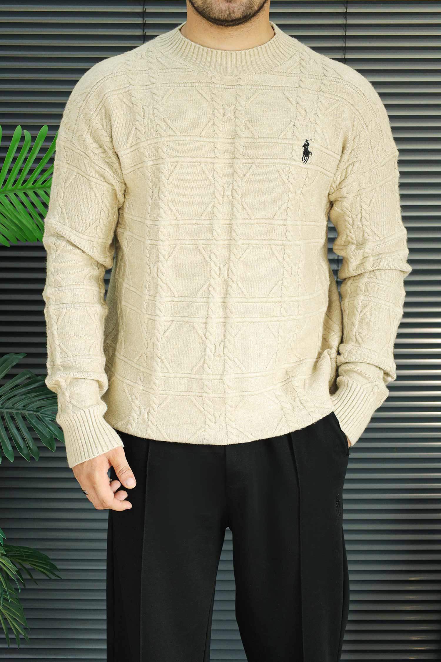 Polo Waffle Textured Imported Round Neck Men's Sweater