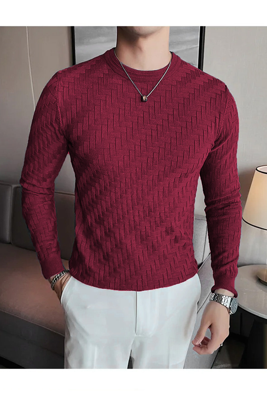 Mountain Friendly Cable Knit Sweater Style Crew Neck Men's Sweatshirt