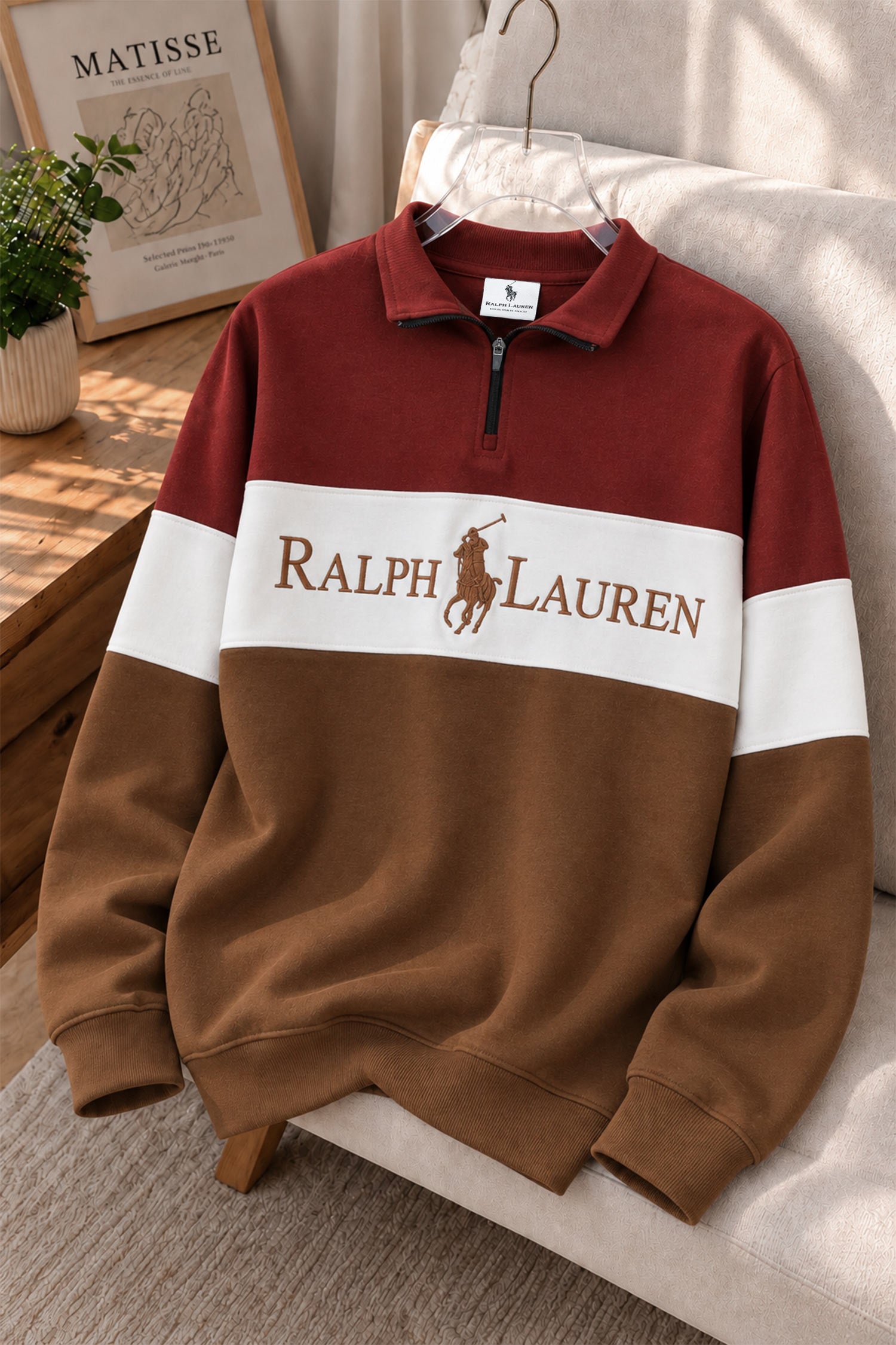 Plo Rph Lren Heritage Mock-Neck Zip Style Men's Sweatshirt In Maroon