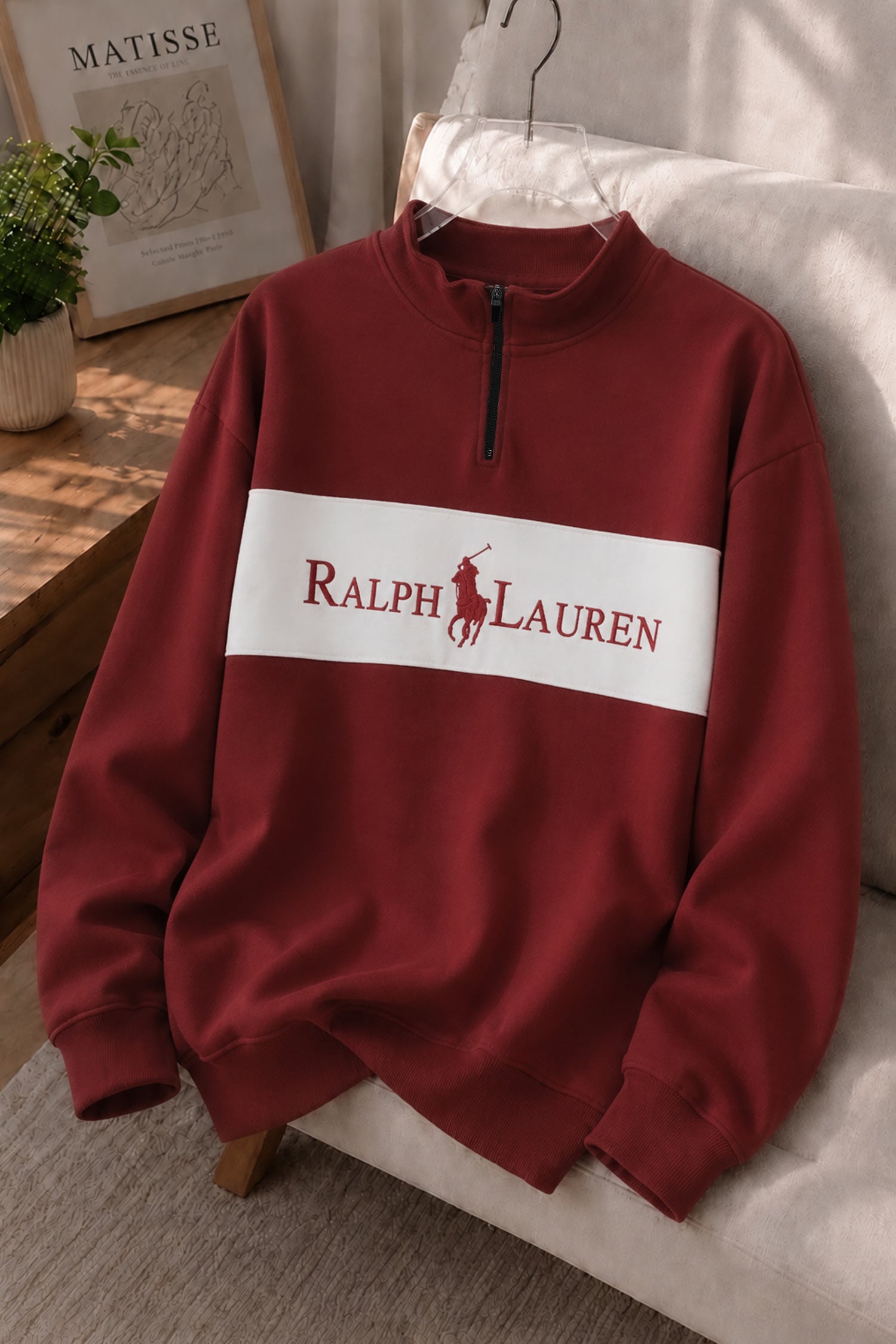 Rlph Lurn Quarter Zip-Up Mock Neck Men's Sweatshirt In Maroon