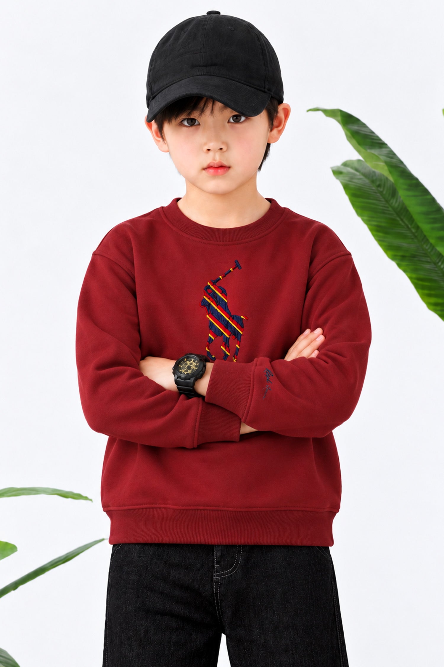 Plo Rph Lren Heritage Round Neck Kid's Sweatshirt In Maroon