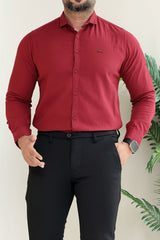 Turbo Self Lining Long Sleeve Cotton Casual Shirt In Maroon