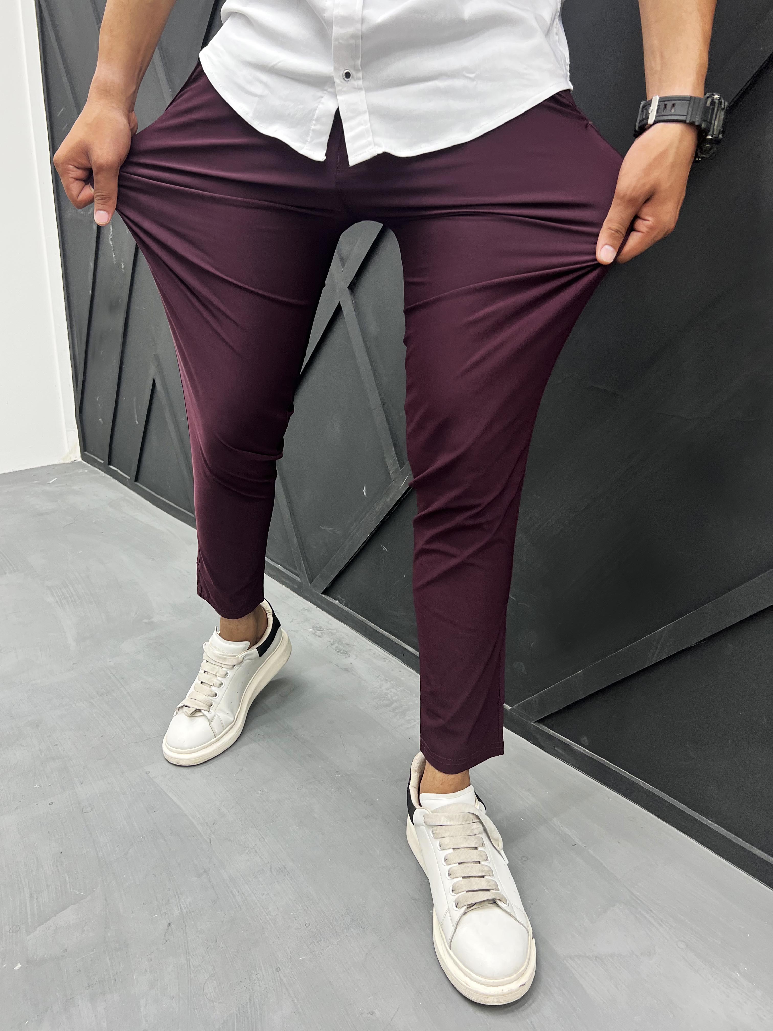 Men Supper Elastic Stretchable Cotton Pant In Maroon