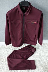 Turbo Collar Style Men Zipper Tracksuit in Maroon