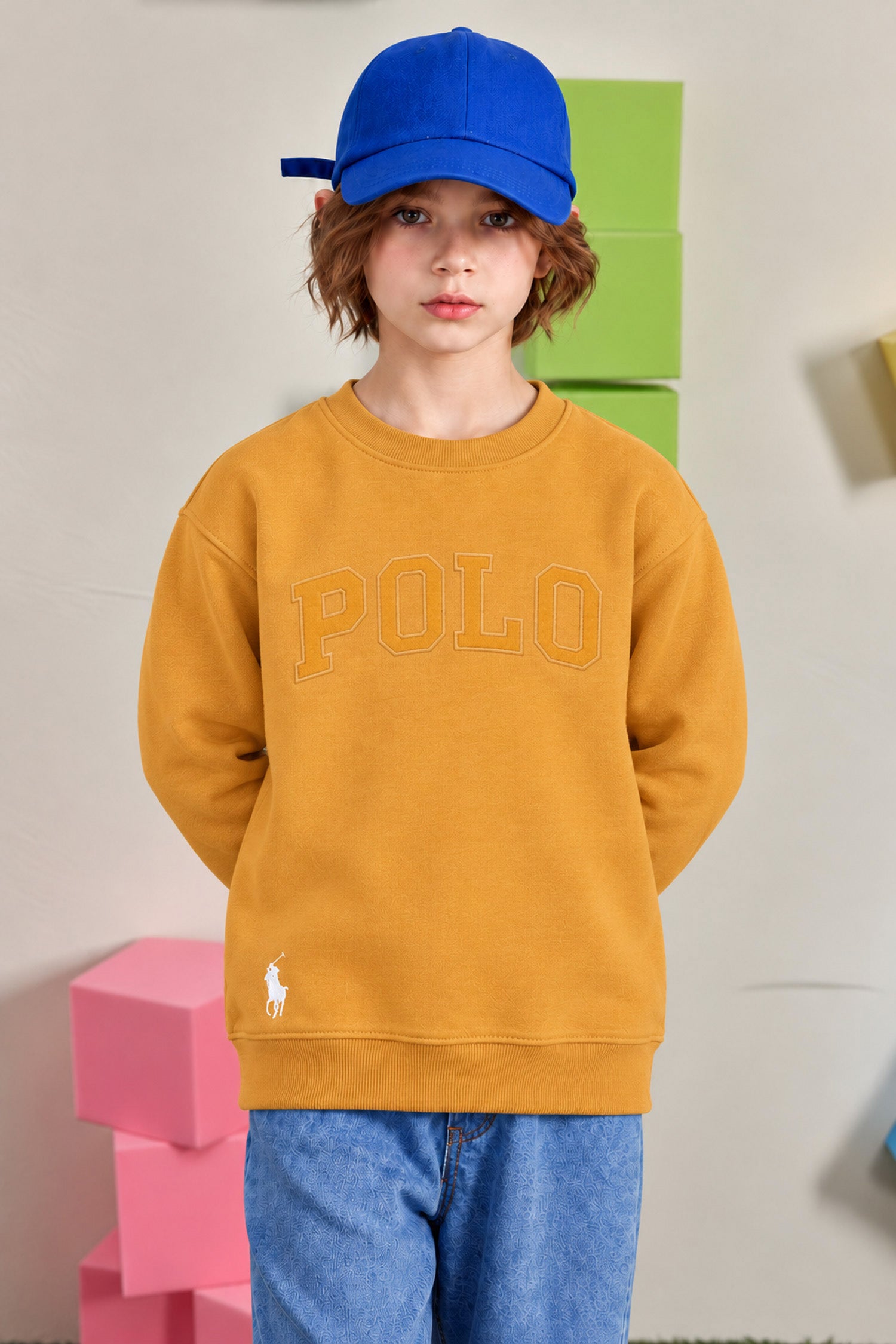 Polo Pony Basic Round Neck Kid's Sweatshirt In Mastard
