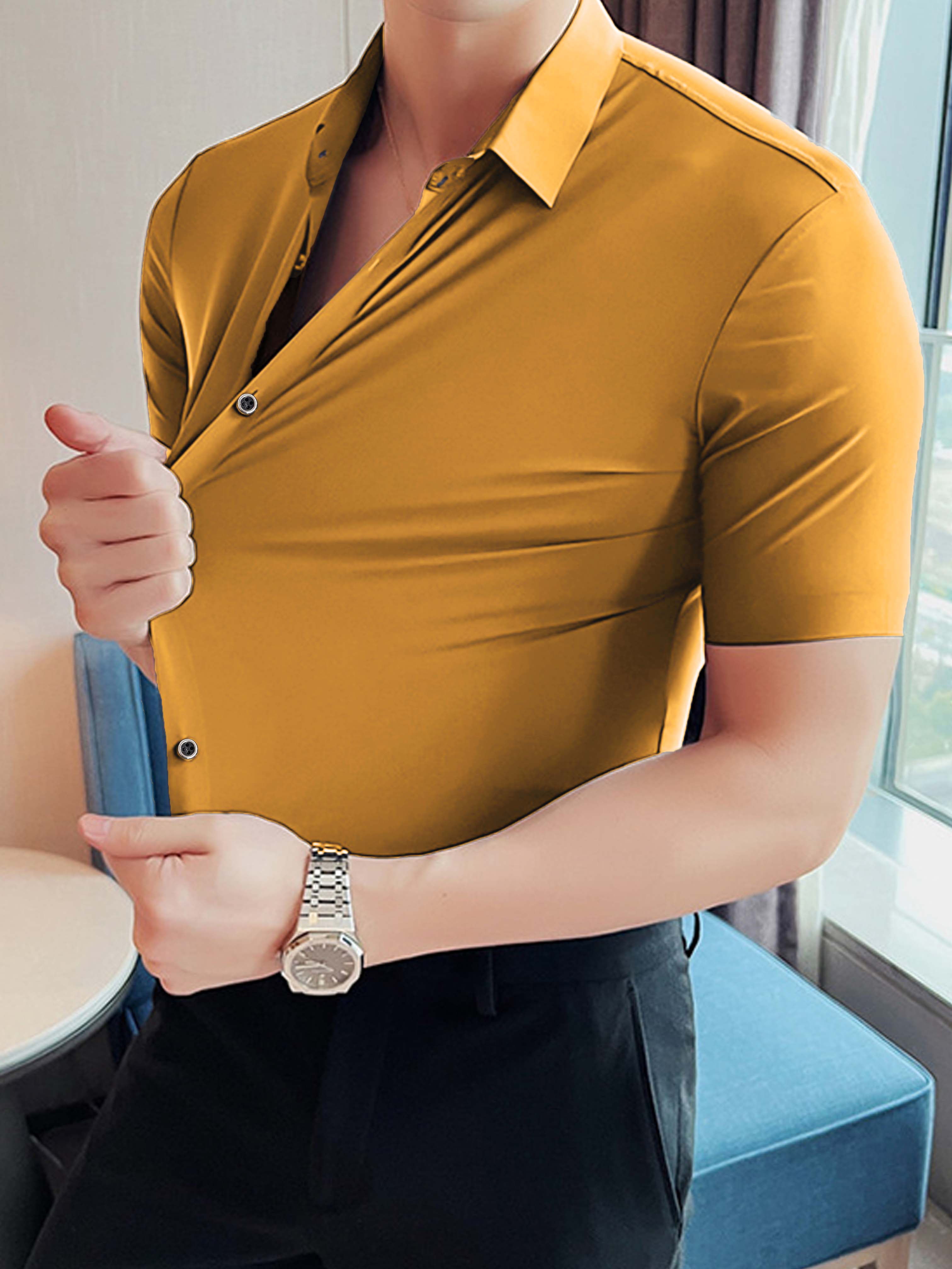 Self Textured Slim Fit Elastic Shirt