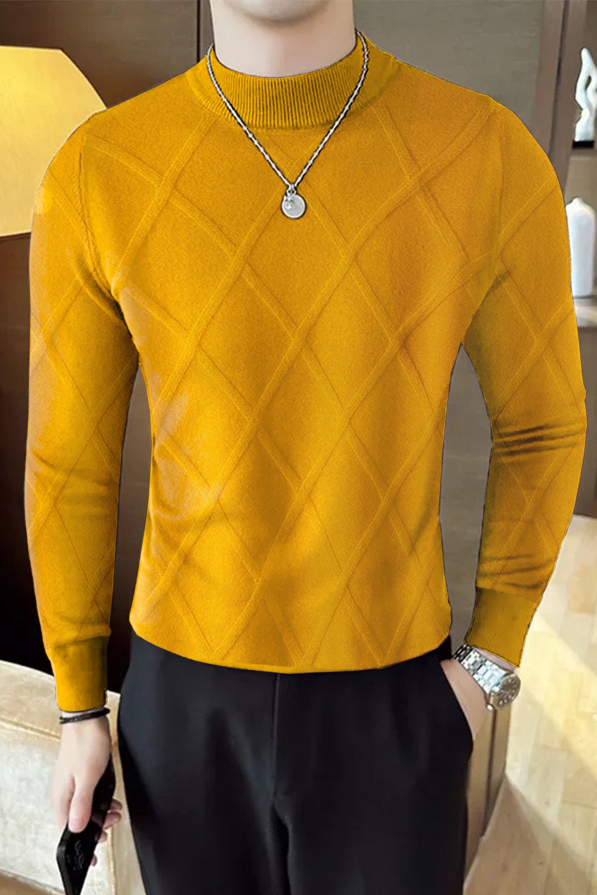 Diamond Crew Neck Men's Cashmere Sweatshirt