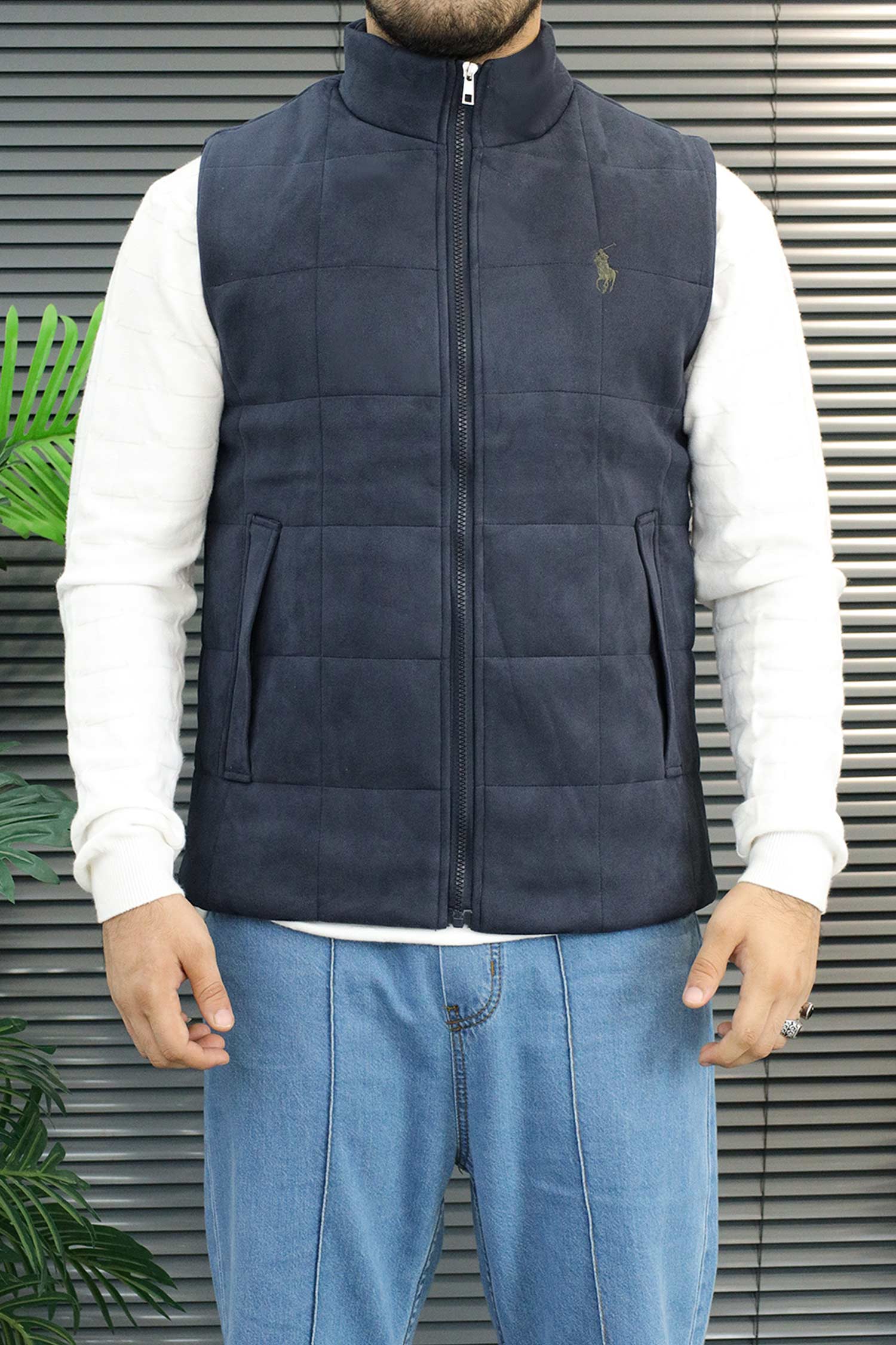 Polo Grid-Quilted Imported Suede Men's Gilet In Navy Blue