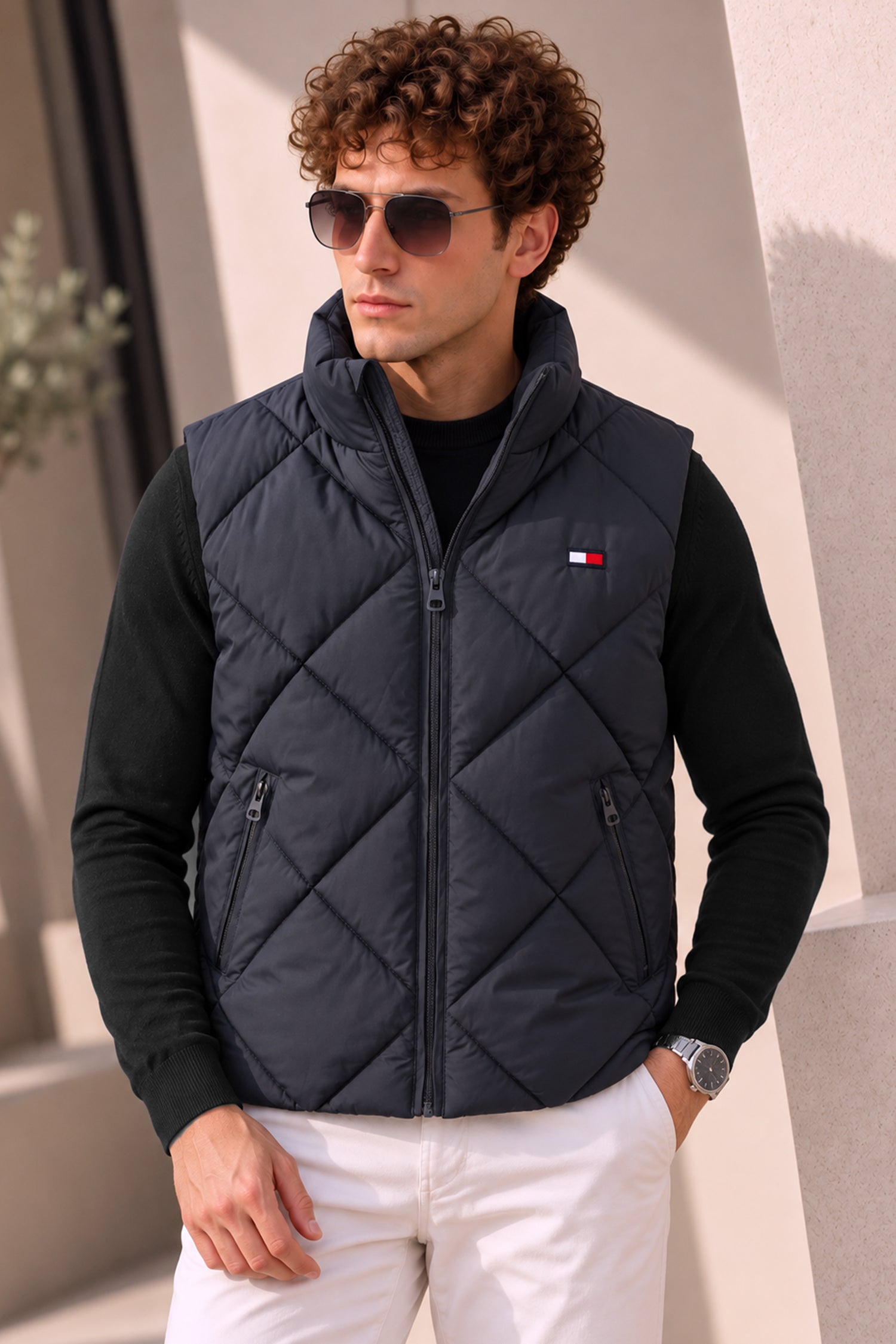 Tmy Hilfgr Diamond Quilt Imported Puffer Men's Gilet In Navy Blue