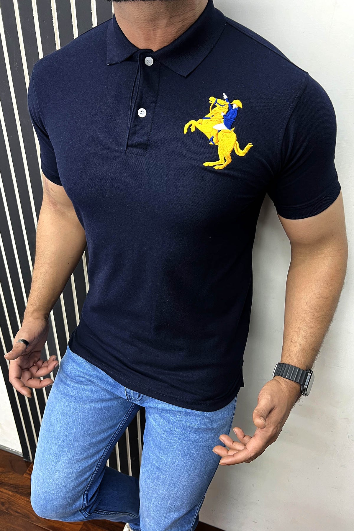 Embroided Rlph Laurn Single Pony Polo Shirt In Navy Blue