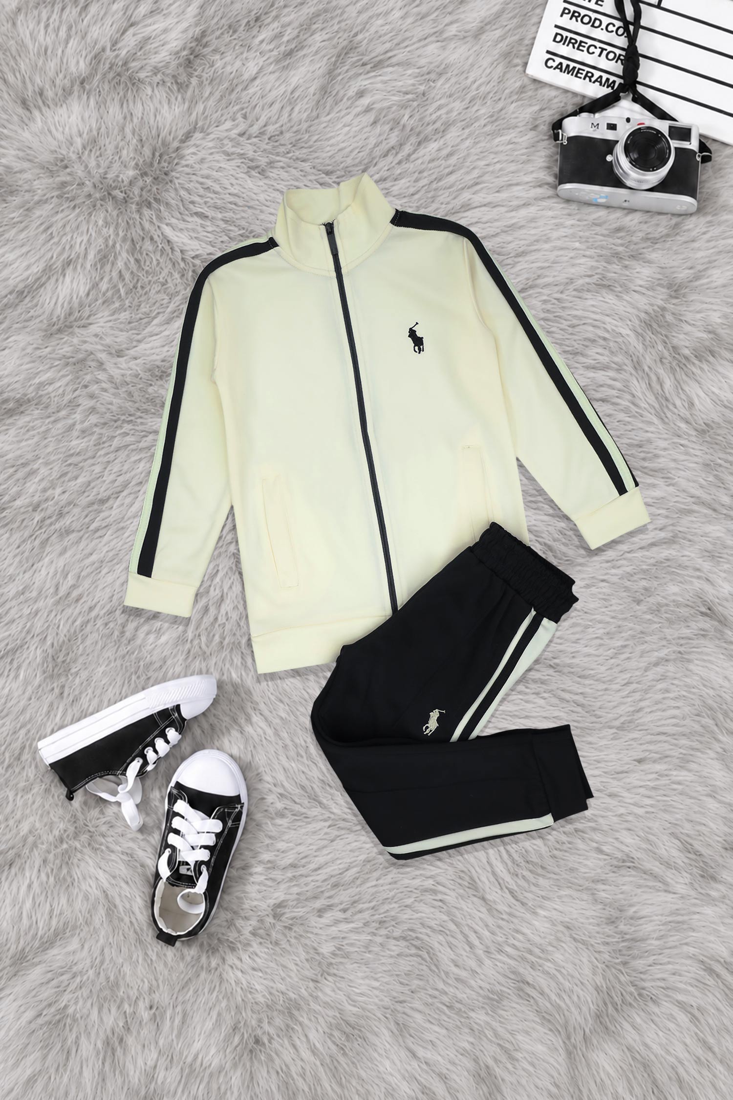 Polo Pony Style Side Stripe Zipper Kid's Co-Ord Set In Off White