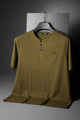 TRB Henley Neck Button Placket  Men's Tee In Olive Green