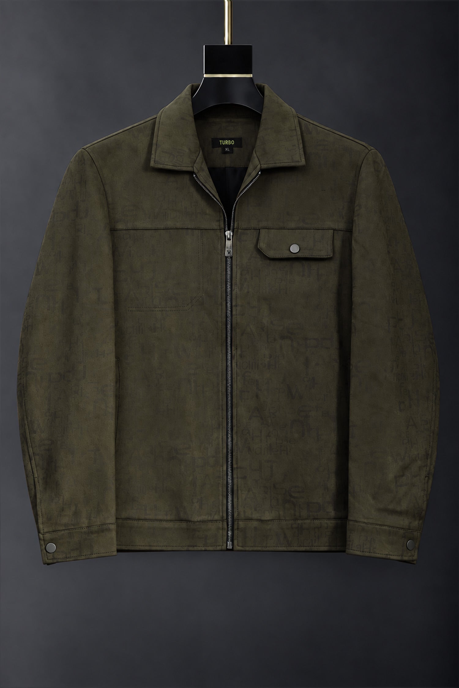 All Over Alphabetic Self Patterned Imported Men's Suede Wool Jacket In Olive Green