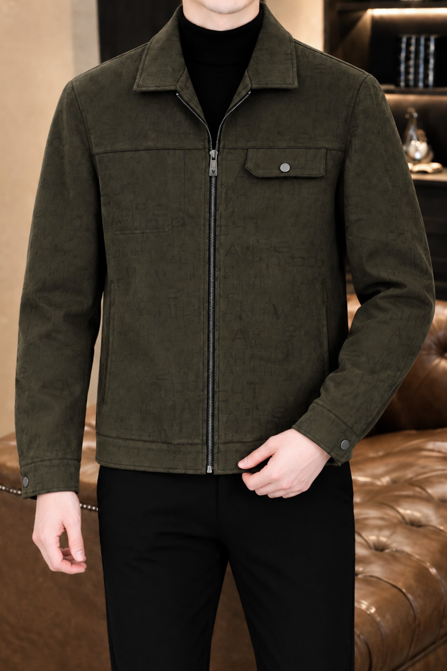 All Over Alphabetic Self Patterned Imported Men's Suede Wool Jacket In Olive Green