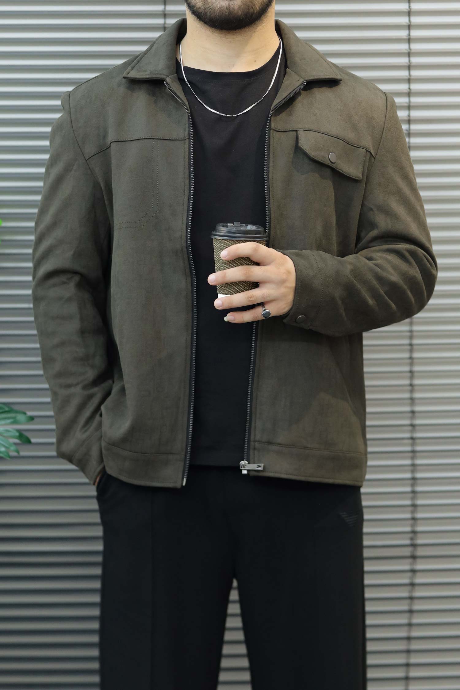 All Over Alphabetic Self Patterned Imported Men's Suede Wool Jacket In Olive Green