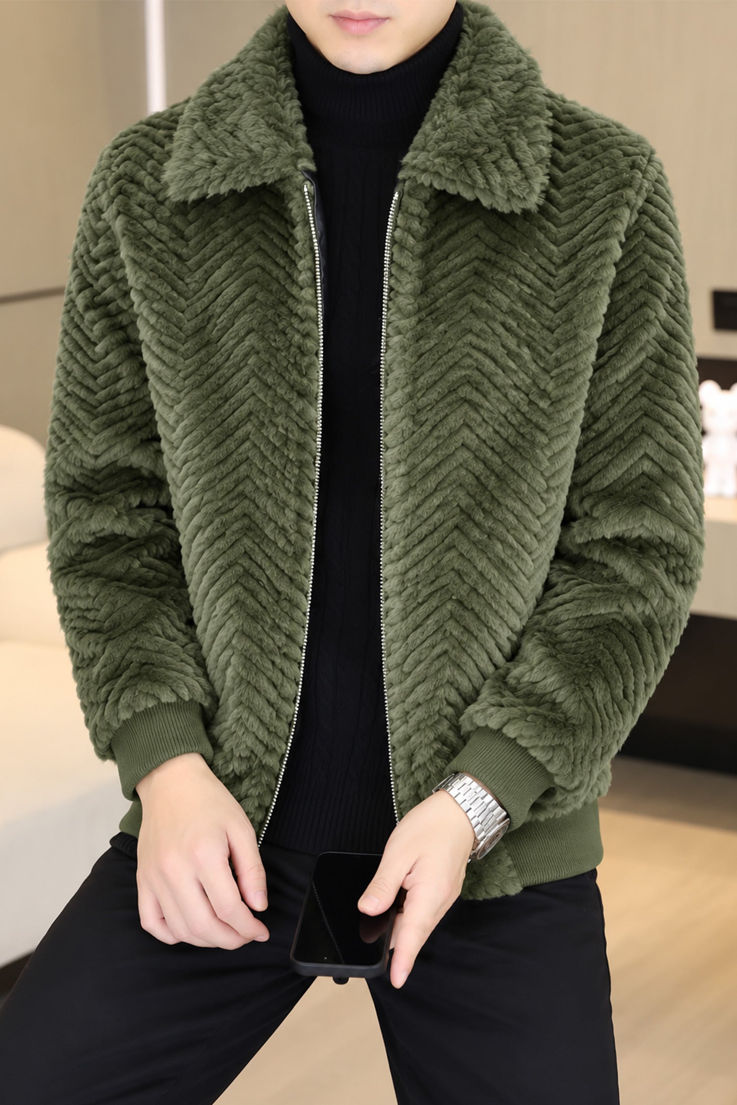 Turbo Cozy V-Texture Collared Imported Men's Fur Jacket