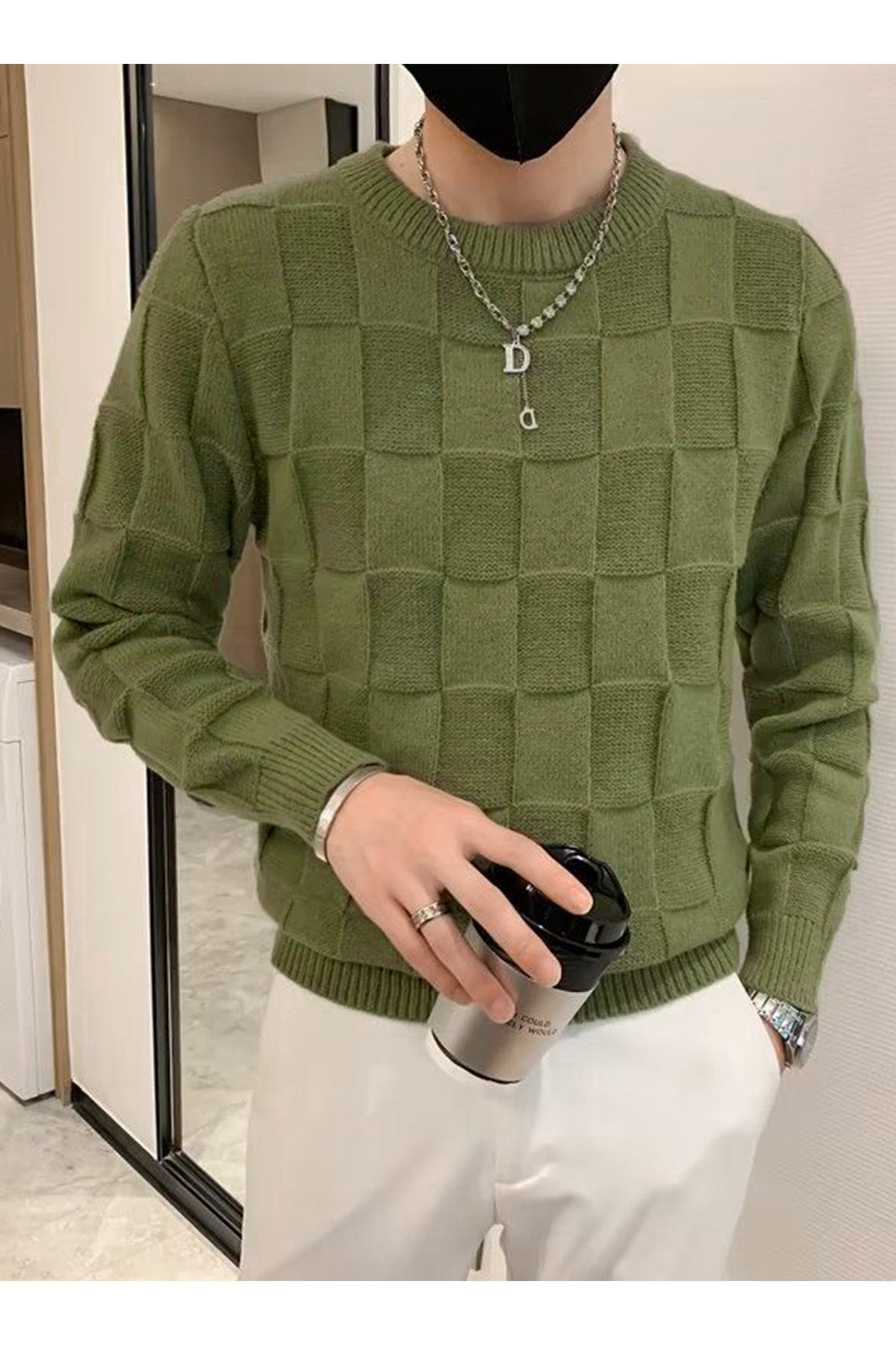 Hype Knitted Urban Sweater Style Crew Neck Men's Sweatshirt In Olive