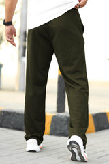 Plain Stripe Line Loose Bottom Trouser In Olive