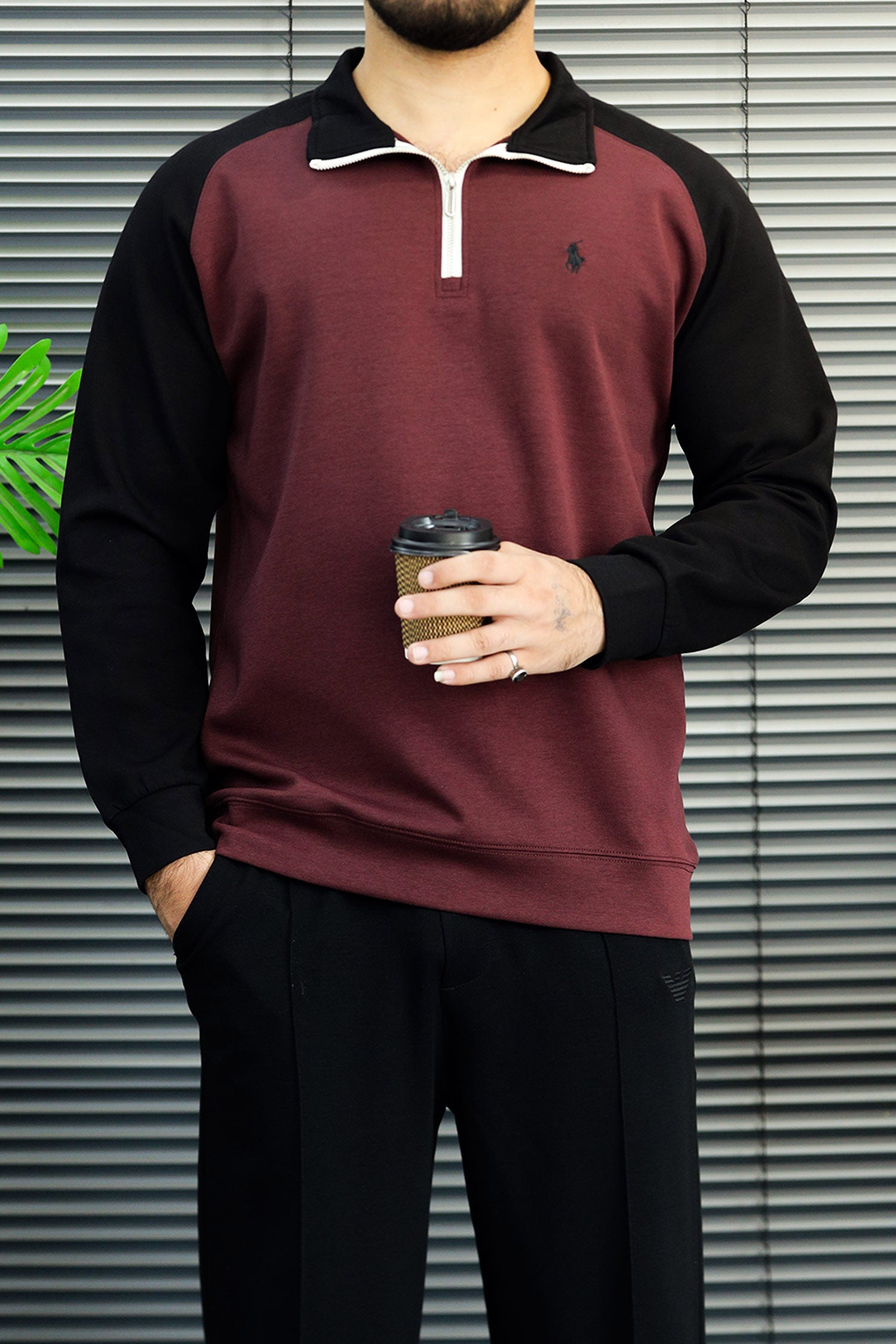 Polo Color-Block Quarter Zip Imported Mock Neck Men's Sweatshirt