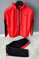 Turbo Hood Style Men Zipper Tracksuit In Red