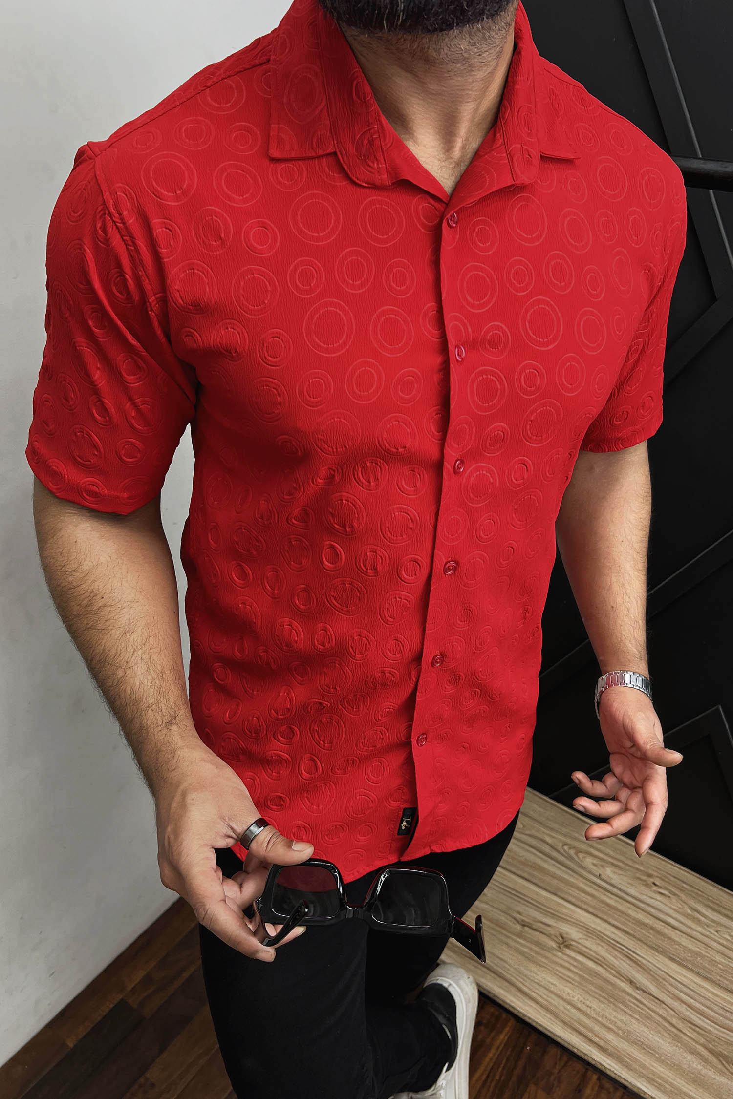 Embossed  Circles All Over Casual Shirt In Red