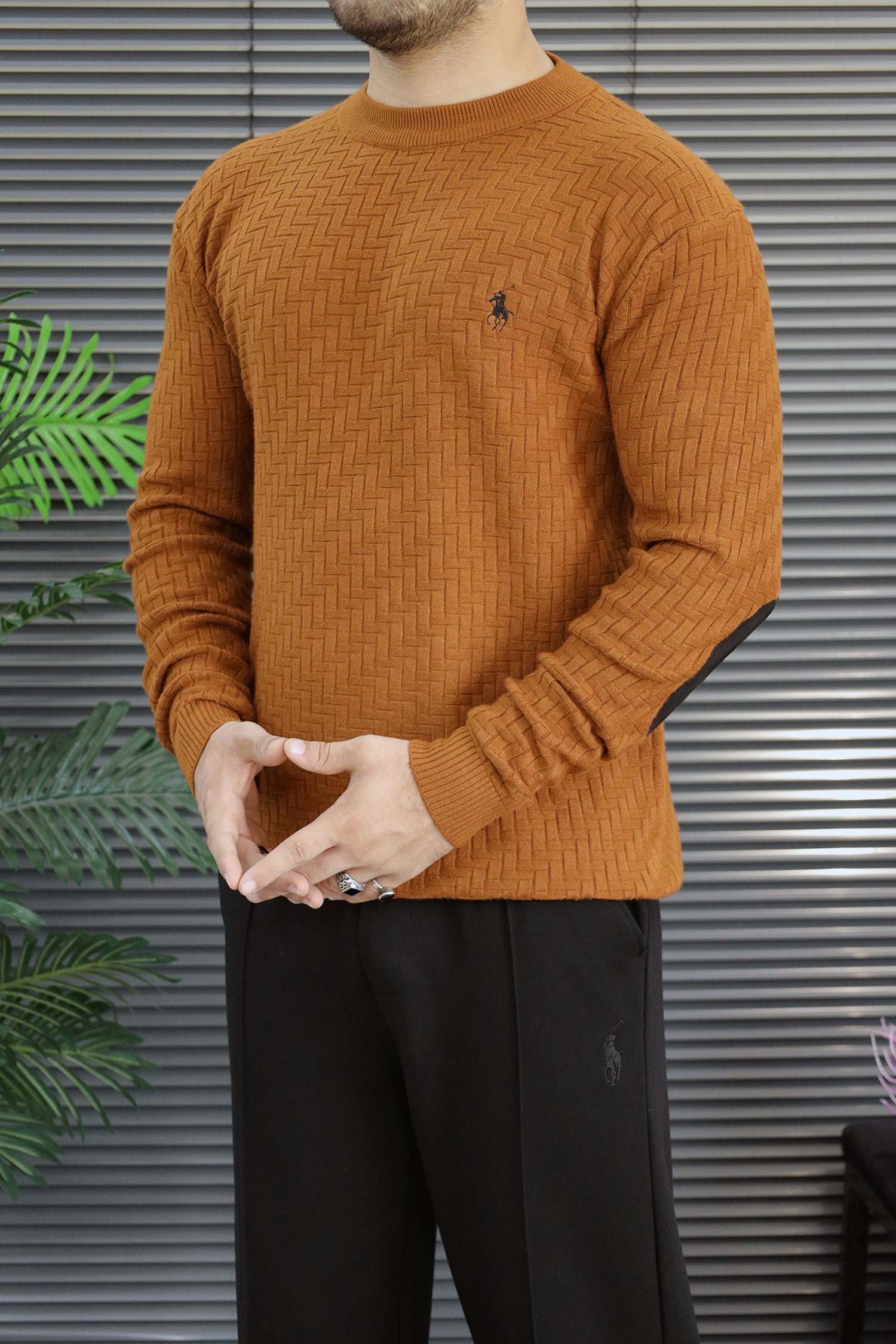 Polo Waffle-Knit Texture Imported Round Neck Men's Sweater