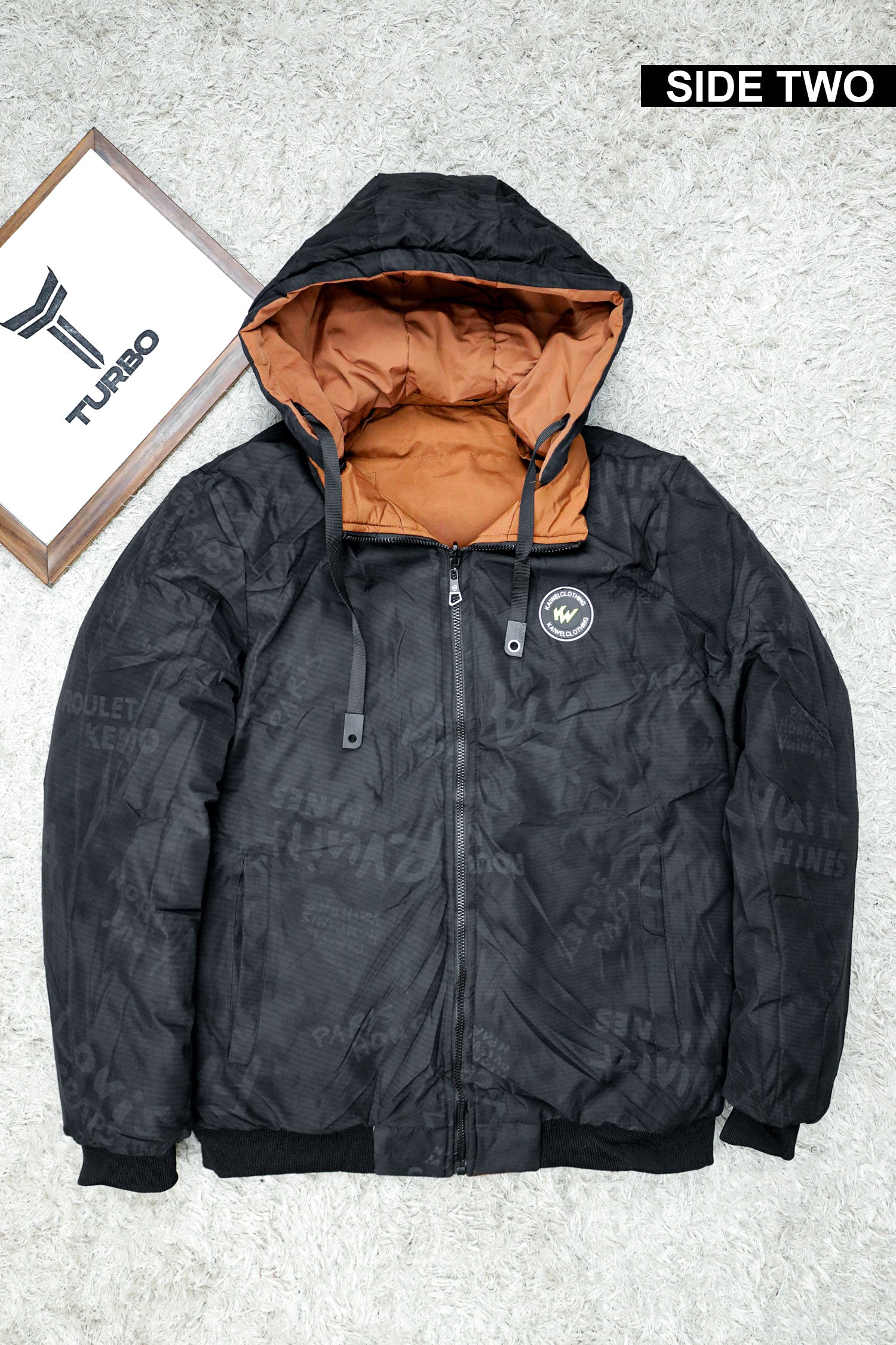 Zipper Motif Quited Hooded Big Size Imported Puffer Jacket