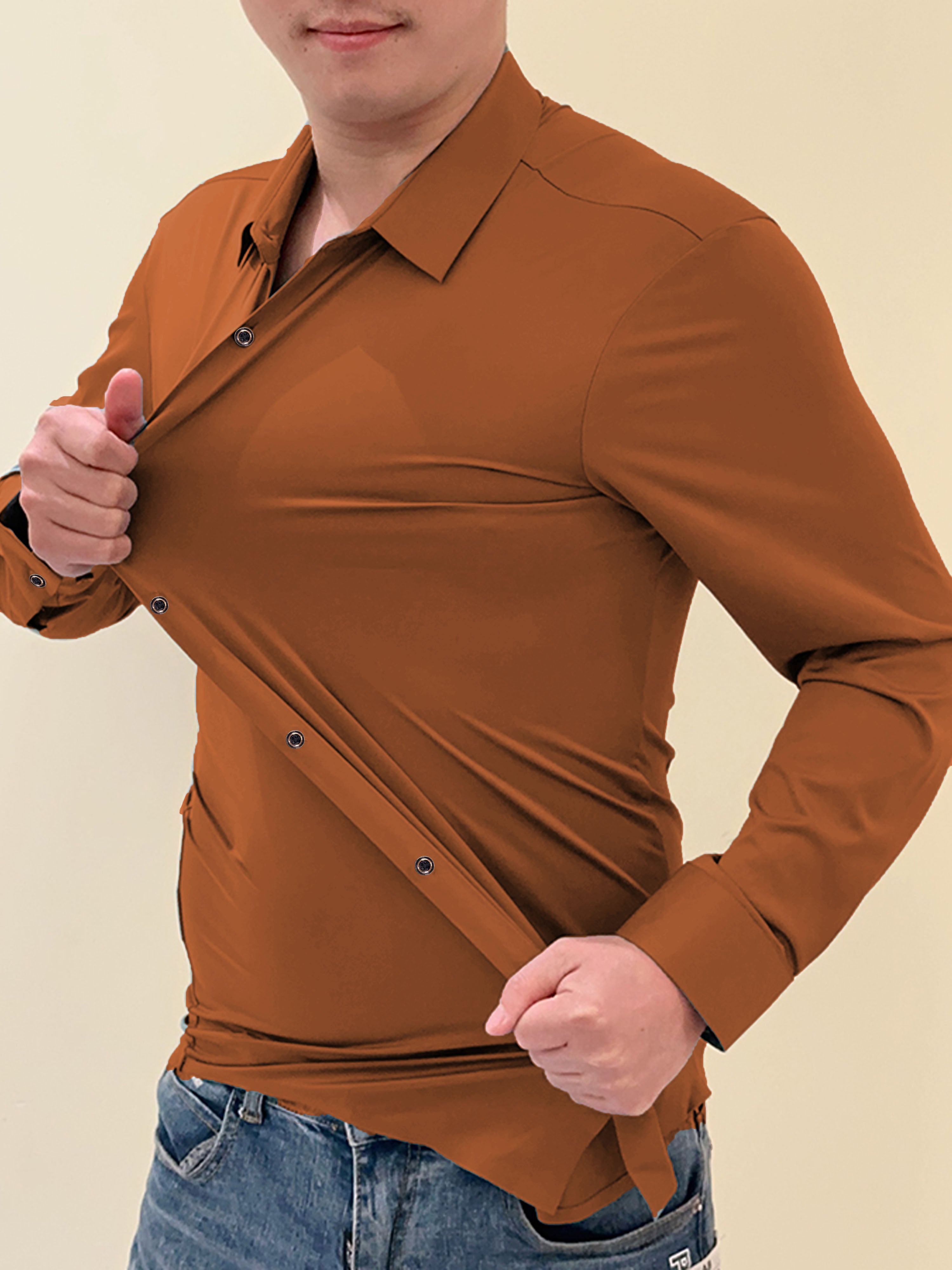 Self Texture Elastic Full Sleeve Casual Shirt In Rust