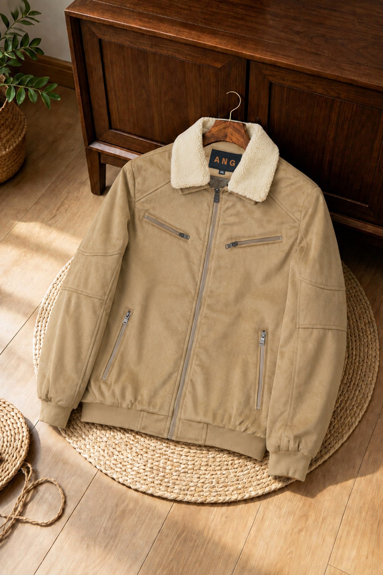 Men's Neutral Faux Imported Suede Jacket In Khaki
