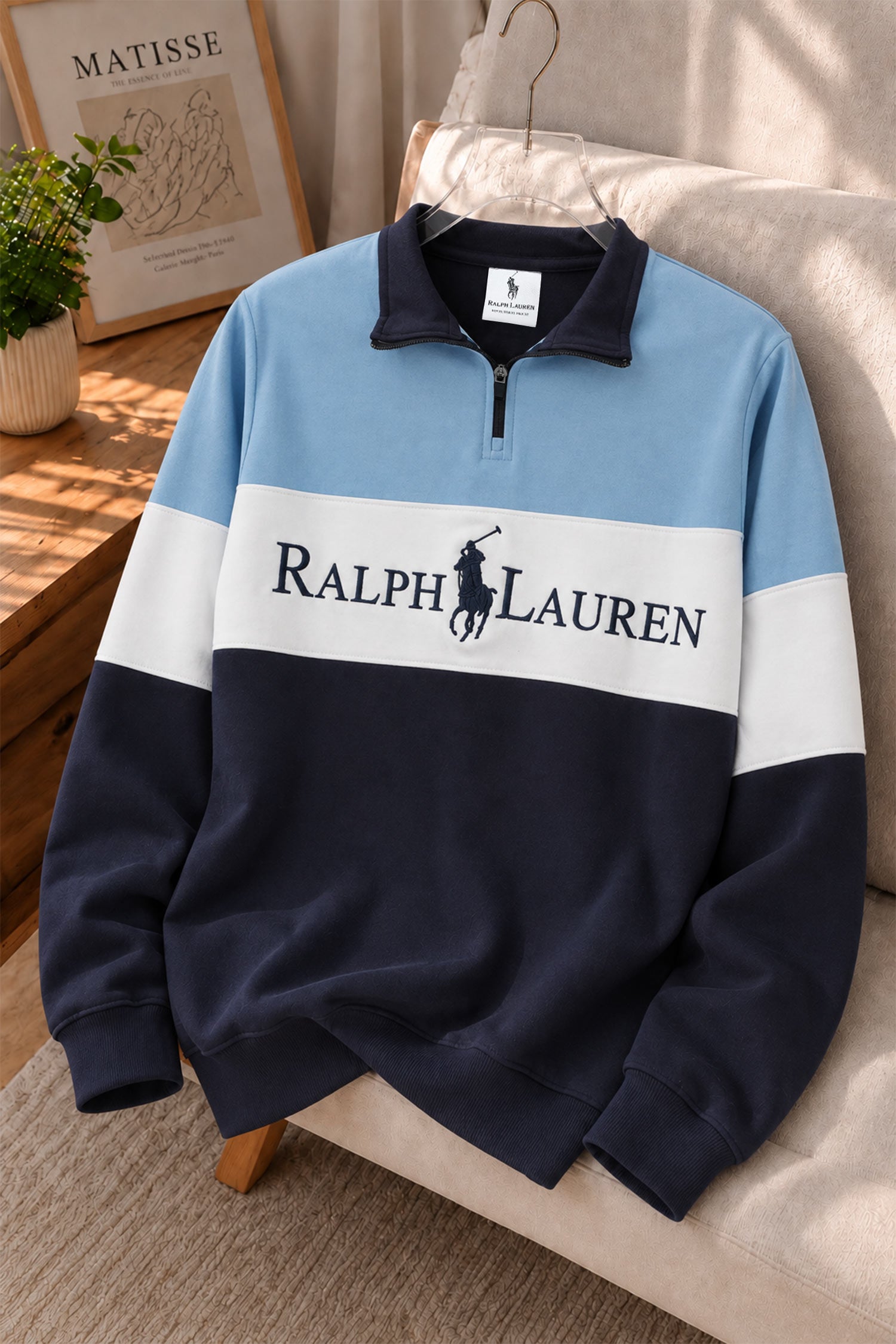 Plo Rph Lren Heritage Mock-Neck Zip Style Men's Sweatshirt In Sky Blue
