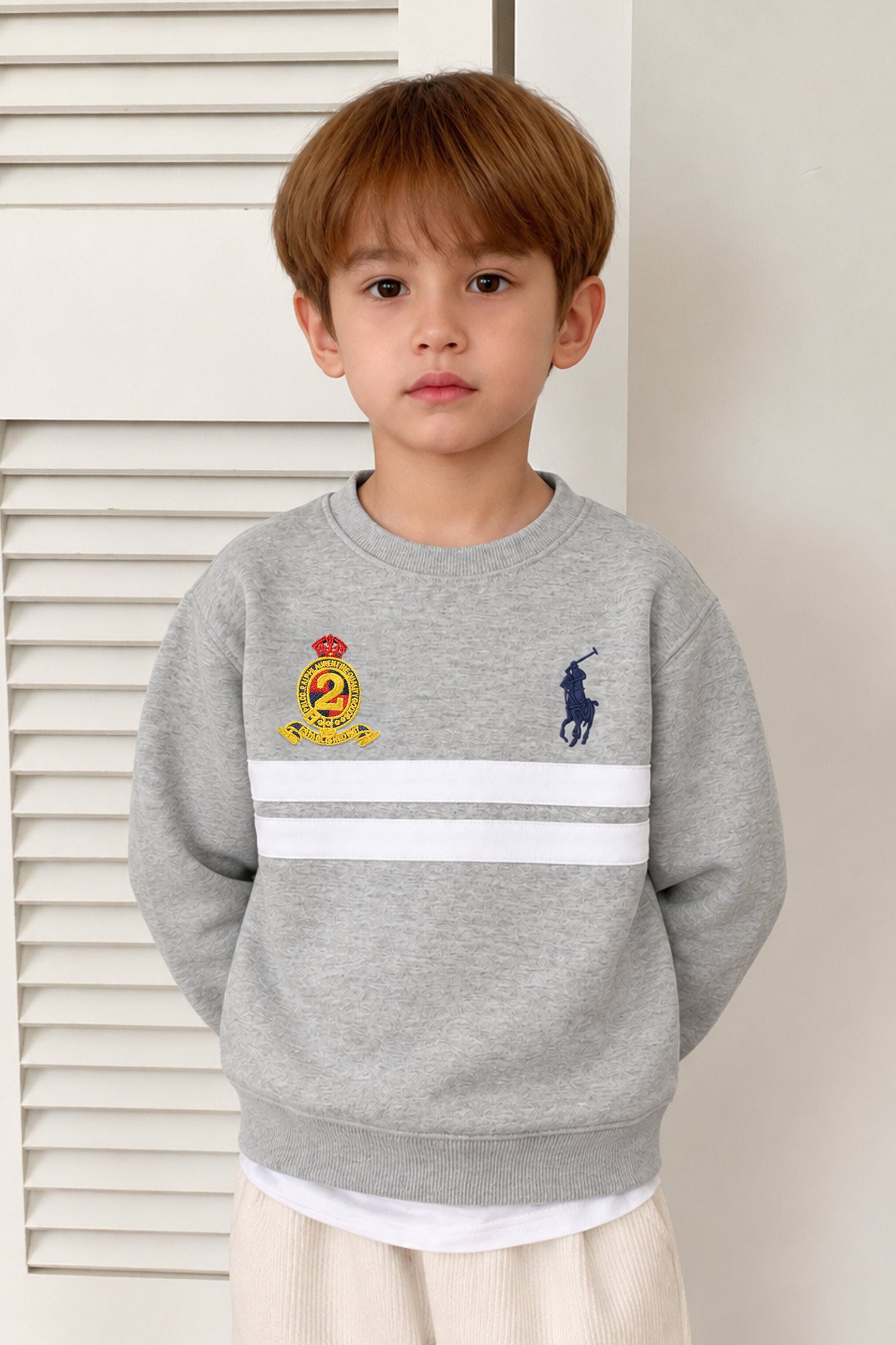 Rph Lren Classic Panneled Round Neck Kid's Sweatshirt In Slate Grey