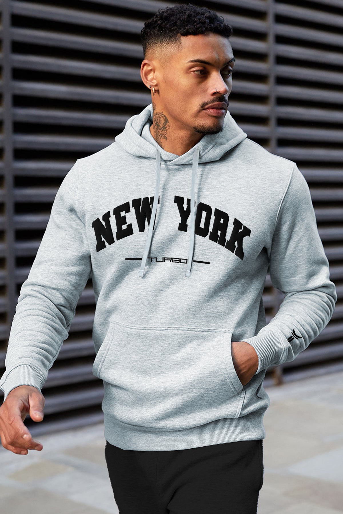 Turbo NY Aplic Print Fleece Hoodie In Light Grey