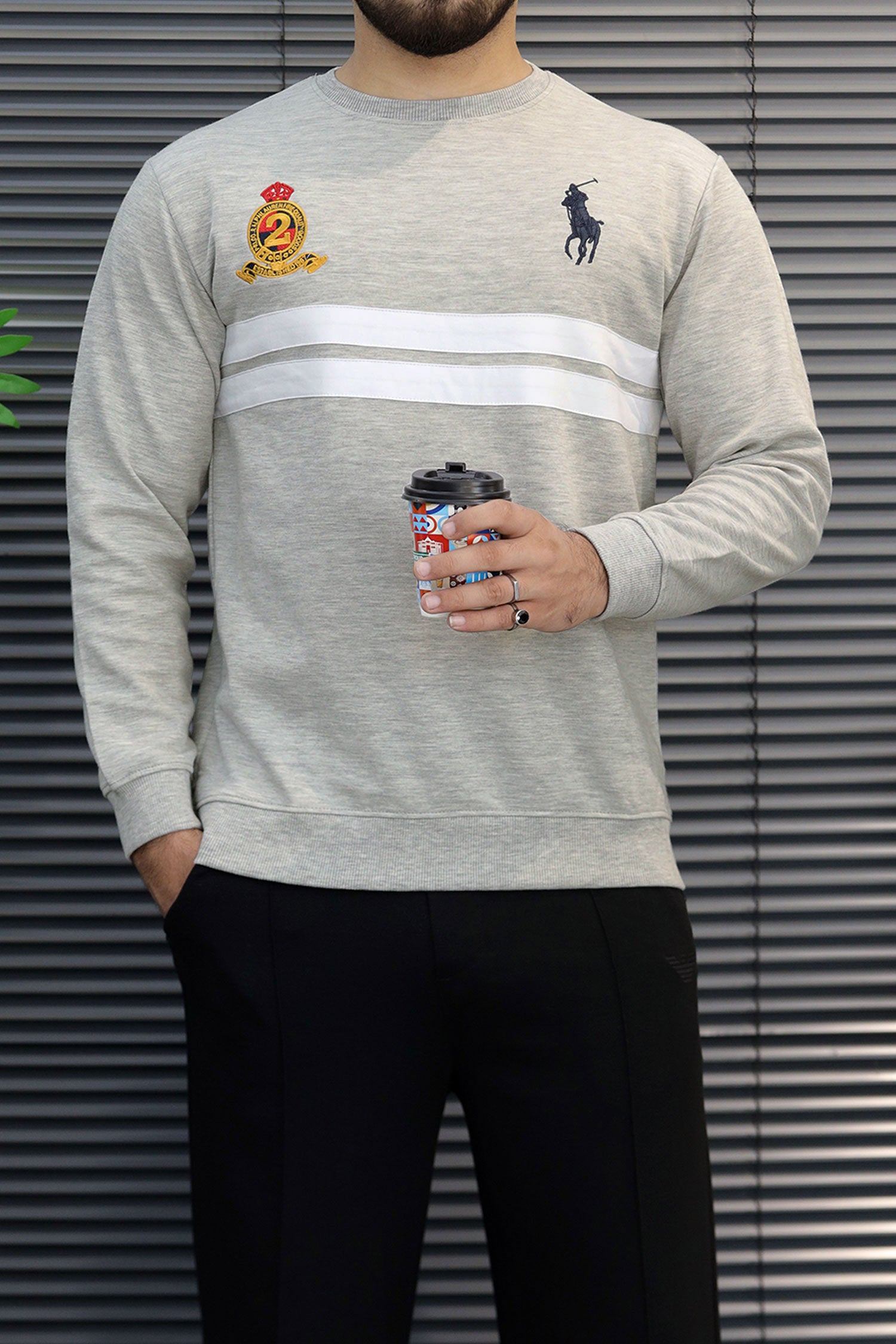 Plo Rph Lren Classic Paneled Round Neck Men's Sweatshirt In Silver Grey