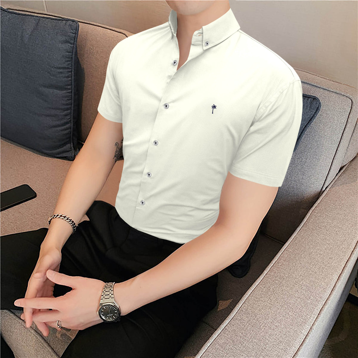 Plain Cotton Stretch Casual Shirt In White